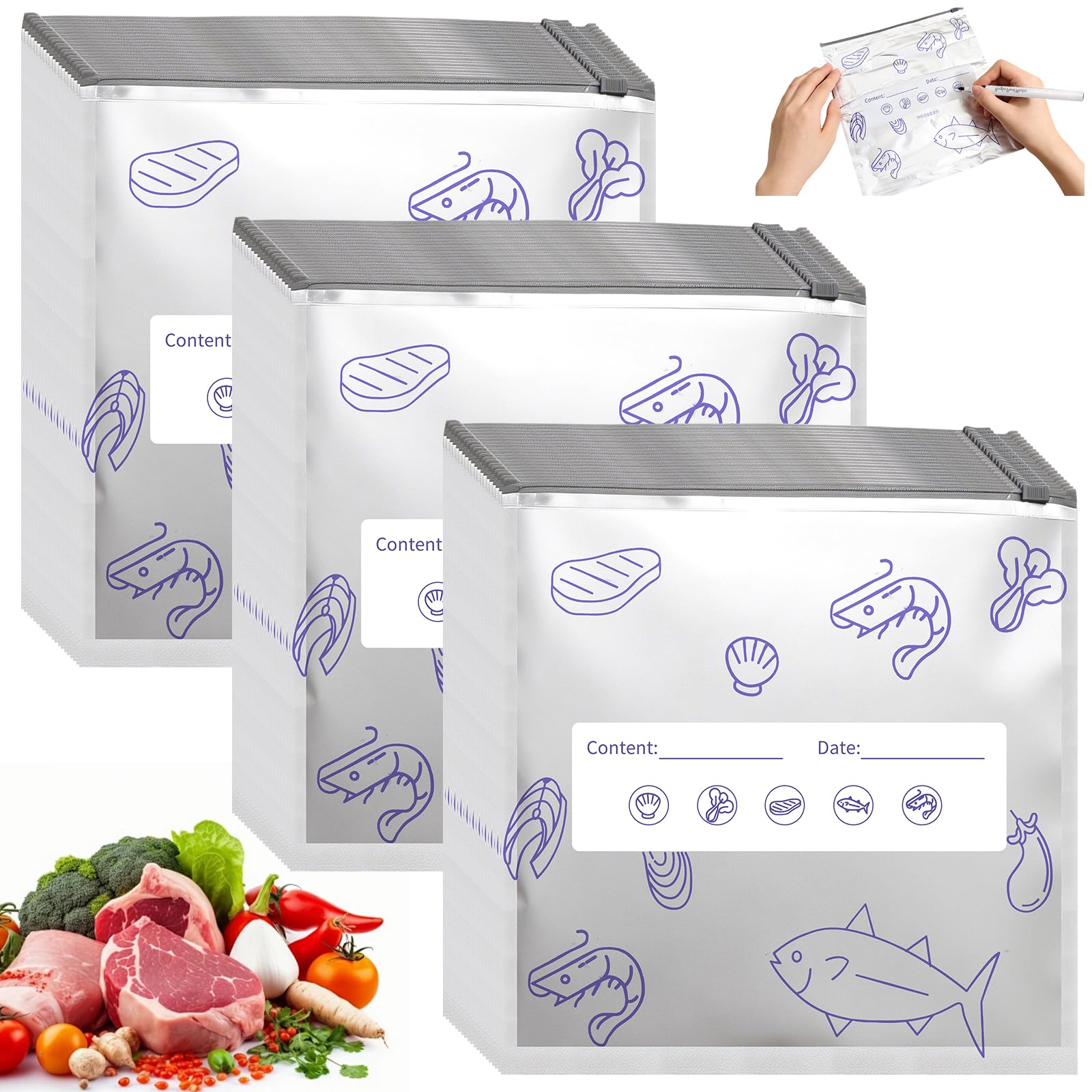 Yuaerbuo 60 Pcs Reusable Freezer Bags Aluminium Foil with Marker Pen, Sealable Foil Bags for Food Long-Last Freshness Zip Lock Bags Aluminium Freezer for Meats Fishes Vegetables Bread (L)