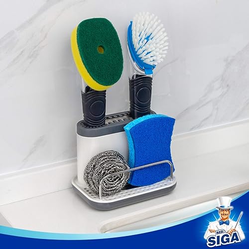 Miniatura 4 de MR.SIGA Organizador de Fregadero de Cocina, Soporte para Esponja y Cepillo con Bandeja de Goteo, Blanco y Gris