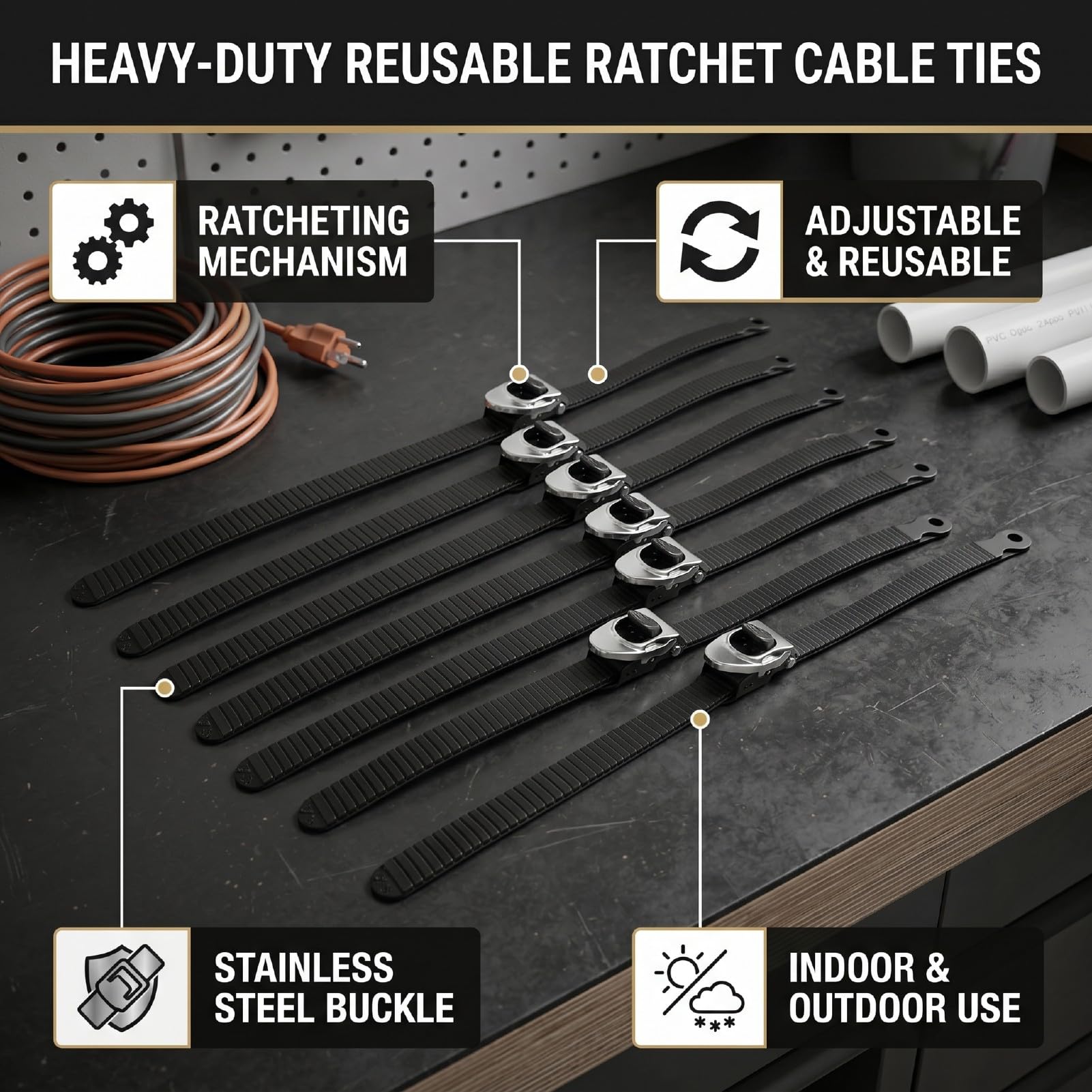 Juego de 6 Bridas para Cables de Trinquete Reutilizables de Alta Resistencia, Bloqueo Ajustable de 20 Pulgadas con Cierre de Correa, Hebilla de Acero Inoxidable, Correas de Seguridad para