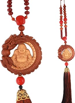 Protection Buddha Ornament for Car and Home,Chinese Fengshui Dec,Bring Positive Energy and Good Luck, Decorations,Peach Wood,Safe and Health A Laughing Buddha