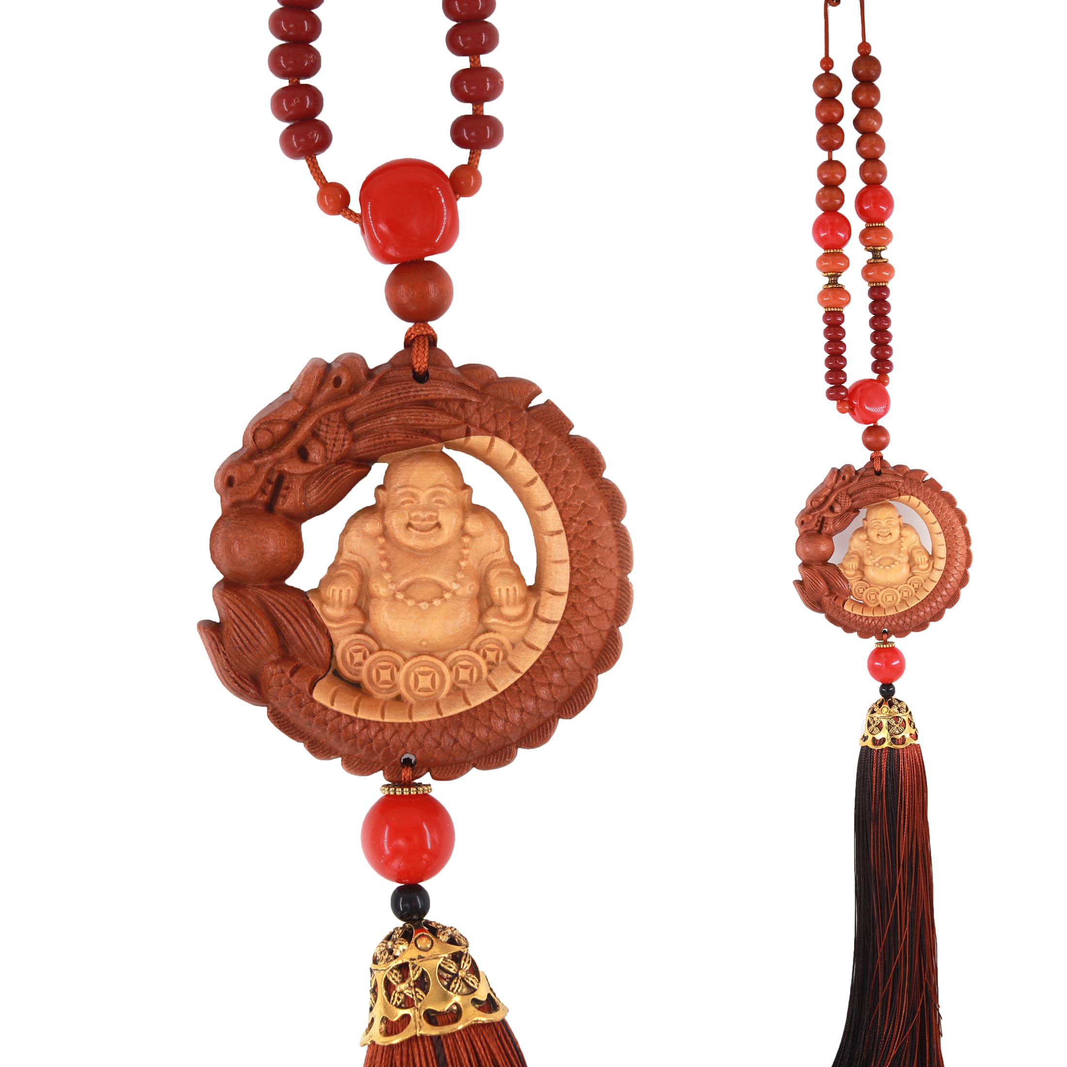 Protection Buddha Ornament for Car and Home,Chinese Fengshui Dec,Bring Positive Energy and Good Luck, Decorations,Peach Wood,Safe and Health (A Laughing Buddha)