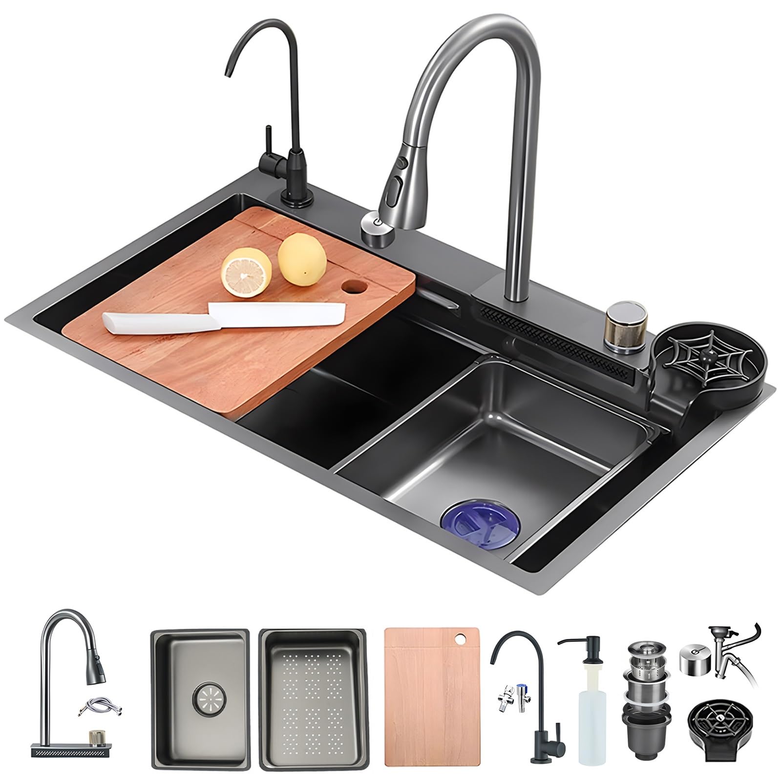 Cascata Lavello Cucina Acciaio Inox Set, Lavandino Cucina Multifunzione, Rubinetto A Cascata A Led, Lavello A Cascata Digitale Con Lavatazze, Dispenser Di Sapone(Black-Grey#2,85x50cm)