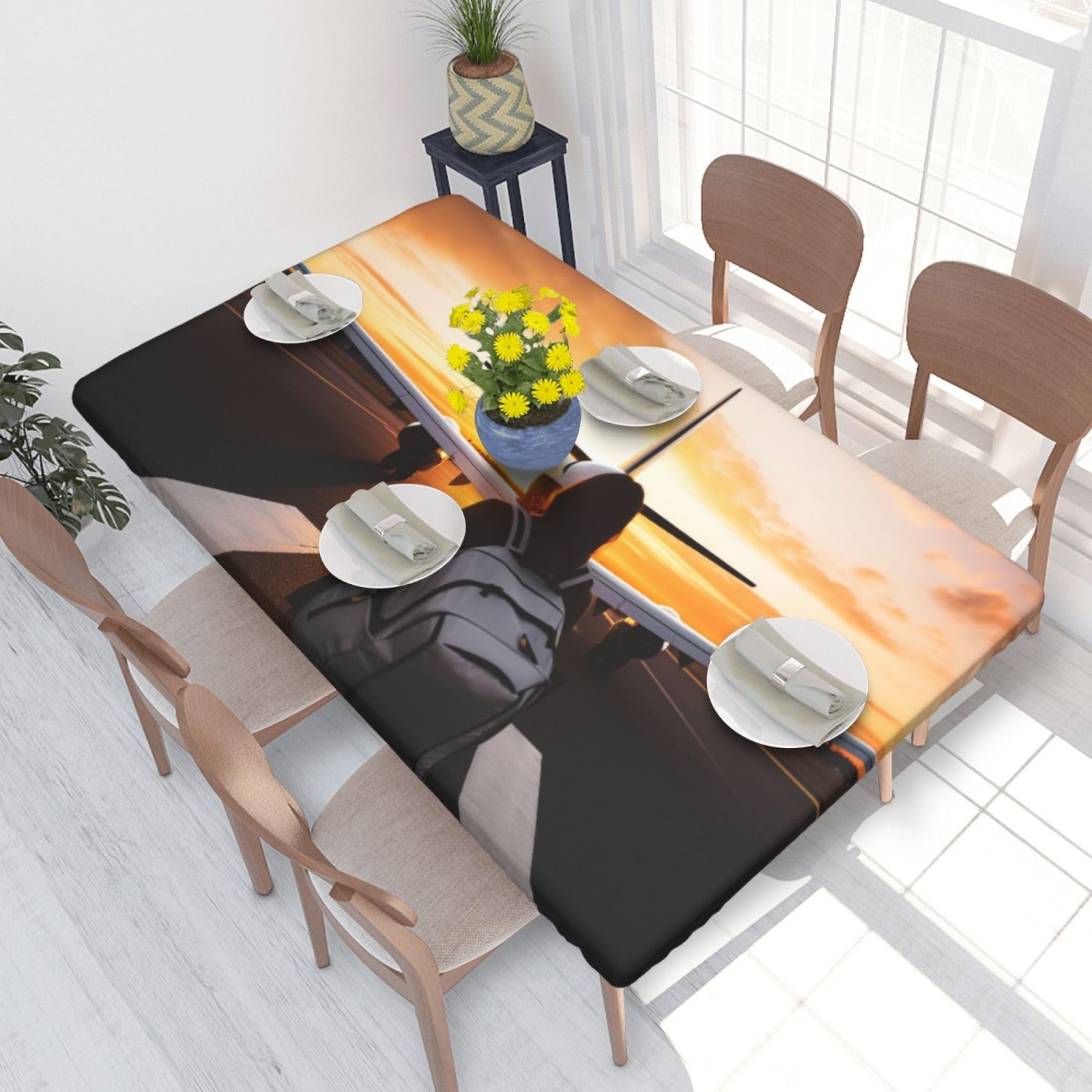 DCARSETCV sunset airplane and backpack Printed 4FT Waterproof Tablecloth with Elastic Edged Protect & Decor Your Table, Oil-proof Washable Table Cloth Cover for Dinner Picnic Party