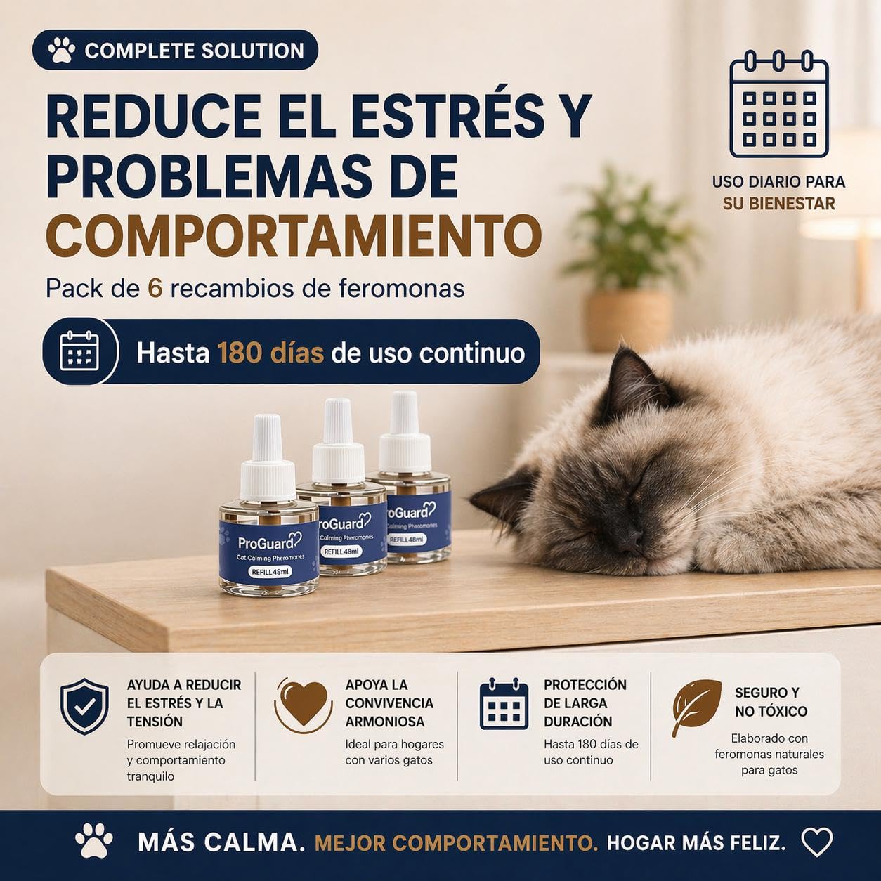 ProGuard® Recambios de Feromonas Calmantes para Gatos | Pack Ahorro de 6 Unidades de 48 ml | Solución Natural Que Reduce Ansiedad y Estrés Felino hasta 180 Días | Ambiente Tranquilo en el Hogar
