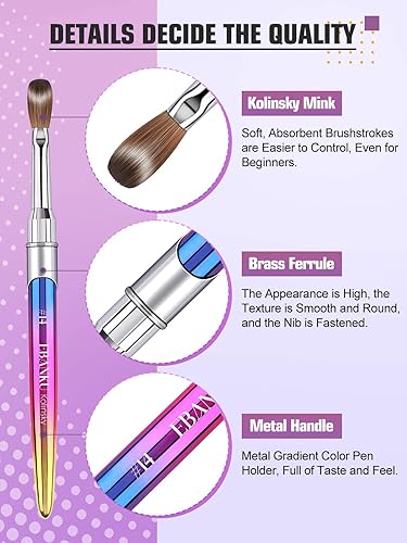 Miniatura 4 de EBANKU Cepillo de uñas acrílicas, 100% puro, Kolinsky acrílico, tamaño 14, ovalado, de forma redonda, pincel de pintura para arte de uñas, para