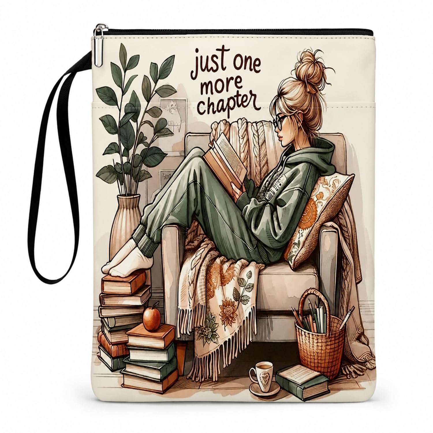 Reading Girl Book Cover, Double-Sided Printed Book Sleeve Pouch with Lanyard (Reading)