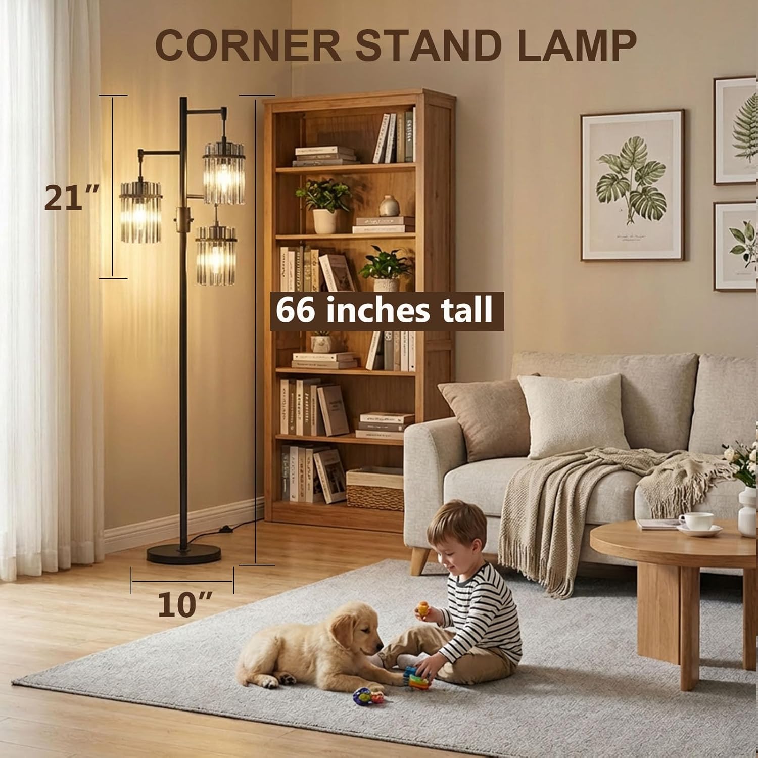 Industrial Modern Floor Lamps for Living Room, Dimmable Glass Tree Standing Tall Lamps with 3 Elegant Teardrop Cage Head & 1200 Lumens LED Bulbs for Bedroom Office (66inch Tall)