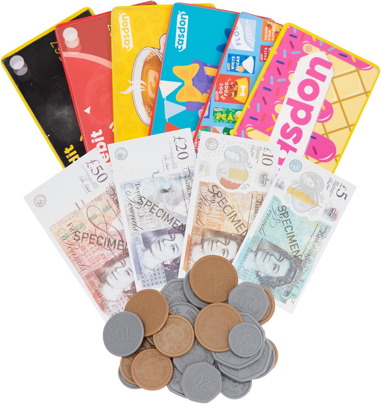 Casdon Play Money & Pretend Play Cards Set (£) | Complete Financial Toy Kit | Includes 80 Play Notes and 40 Coins | Perfect for Kids 3+!