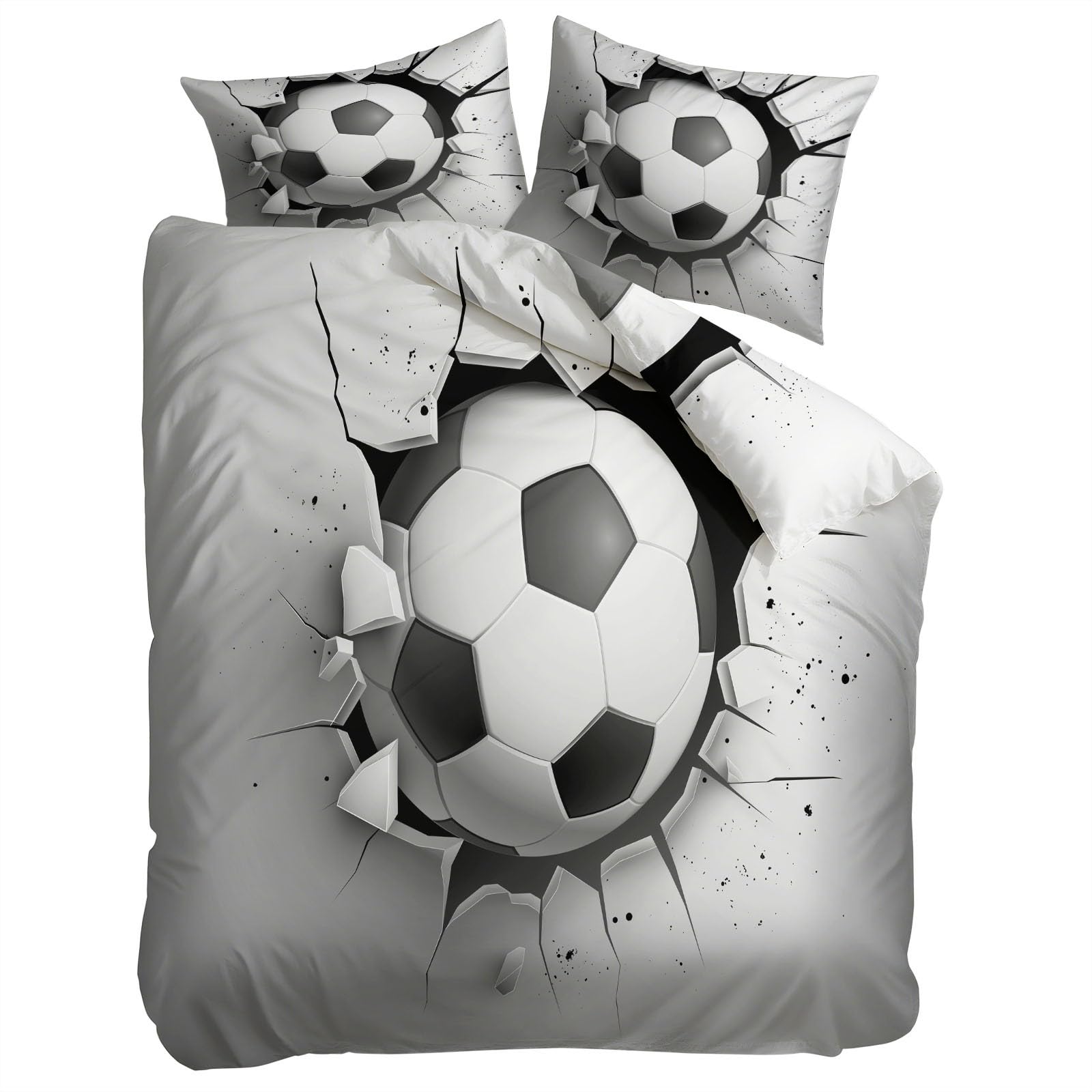 Juego de Funda Nórdica 3 Piezas para Cama 105 - Funda Edredón Reversible 180x220 cm Balón De Fútbol Pared Dibujo Animado, Ropa de Cama Gris para Cama Individual y Matrimonio
