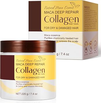 1 Pack Collagen Hair Mask, 220ml Maca Deep Repair Collagen Hair Mask for Dry & Damaged Hair, Conditioner with Argan Oil, for All Hair Types, Smooths Moisturising and Nourishing
