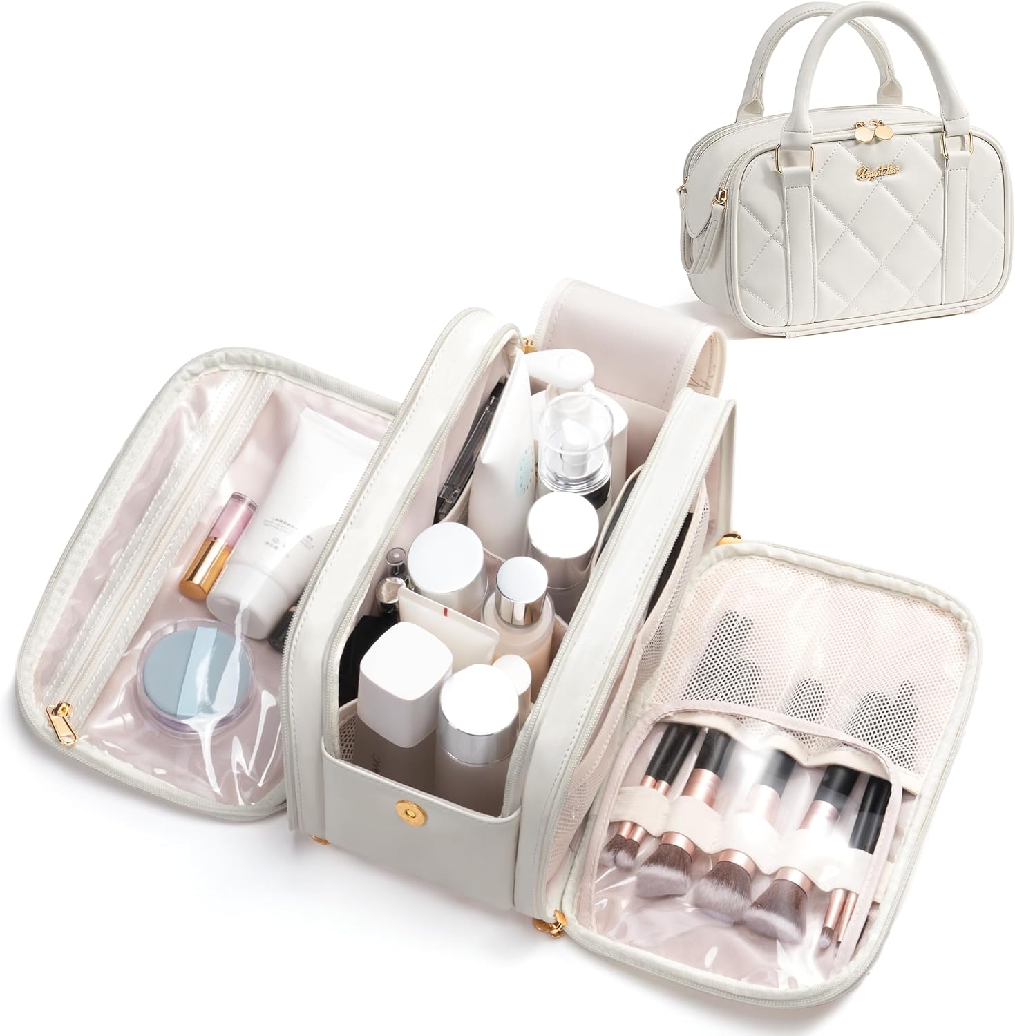 Travel Makeup Bag, Large Capacity Quilted Toiletry Bag for Women Stand-up Cosmetic Bag Open Flat Make Up Case Organizer Portable Pouch Purse w/Handle for Traveling Accessories Ivory White