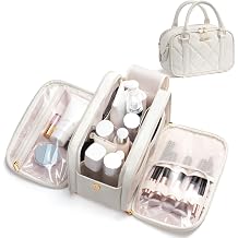 Bagstellar Travel Makeup Bag, Large Capacity Quilted Toiletry Bag for Women Stand-up Cosmetic Bag Open Flat Make Up Case Organizer Portable Pouch Purse w/Handle for Traveling Accessories Ivory White