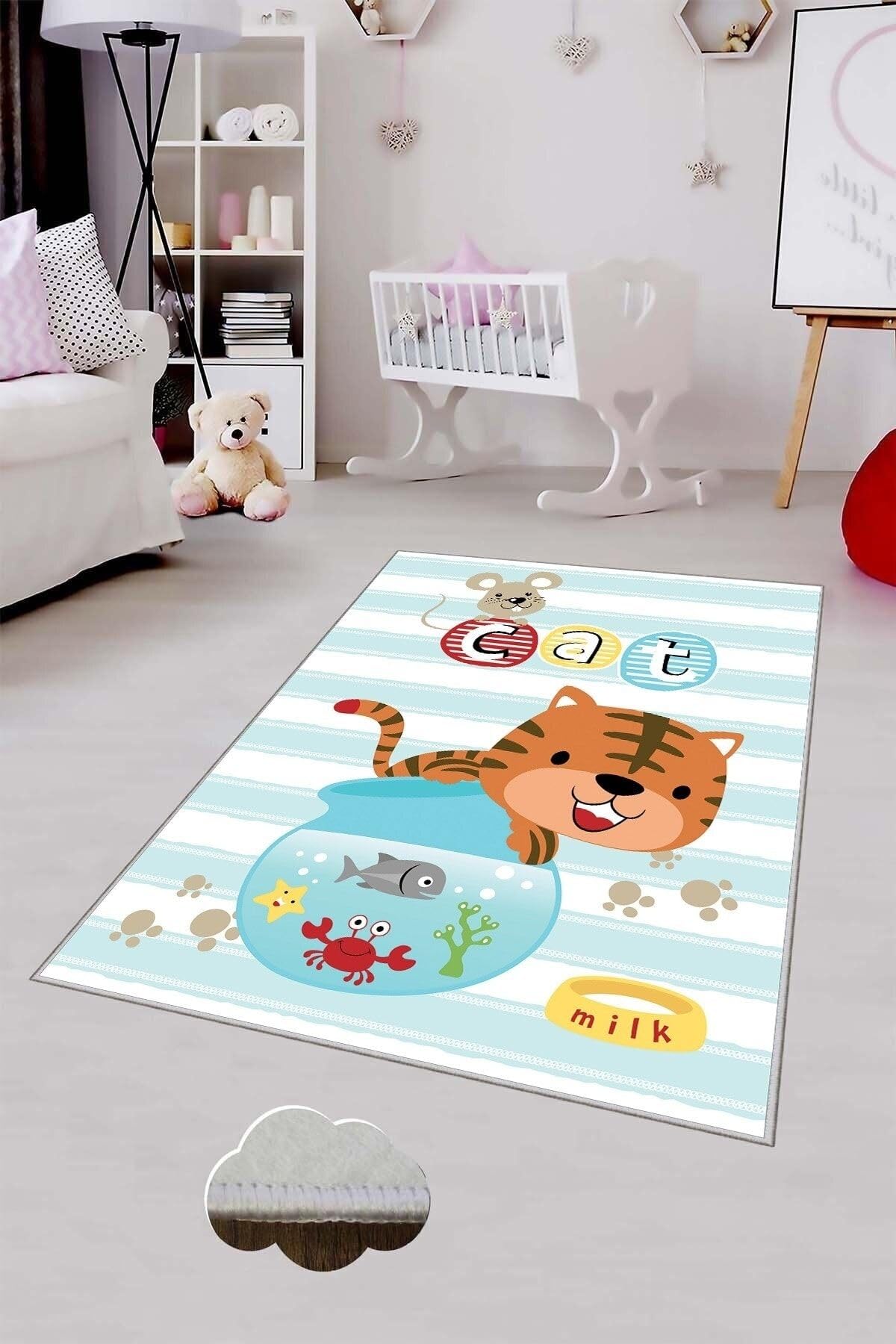 Pelangi Mavi Kedi Desenli Yıkanabilir Kaymaz Taban Leke Tutmazbebek Ve Çocuk Odası Halısı, Mavi 100 x 250