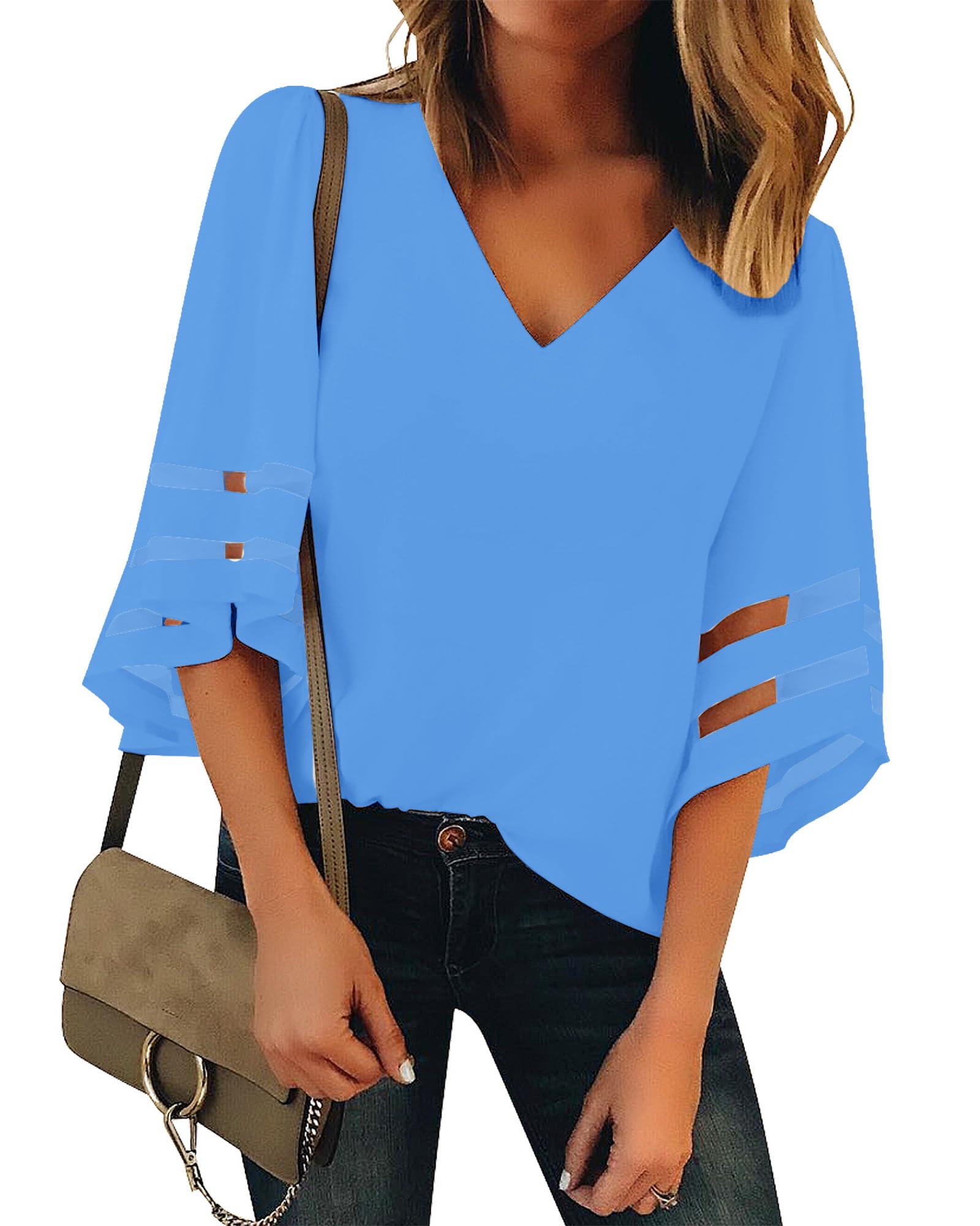 LookbookStore Womens V Neck Mesh Panel Blouse 3 4 Bell Sleeve Loose Top Shirt