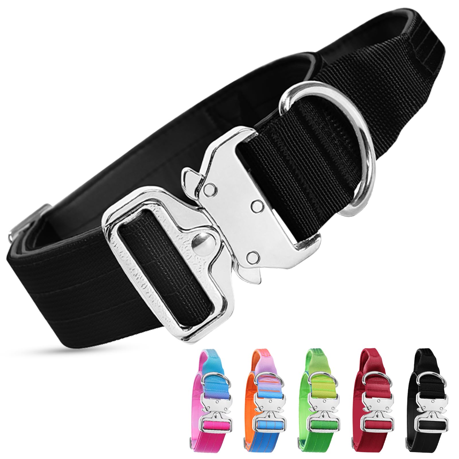 Tactical Dog Collar, Adjustable Heavy Duty Dog Collar with Quick Release Metal Buckle, Wide Thick Soft Padded Comfortable Nylon Pet Collars with Control Handle for Medium Large Dogs (Black, M)