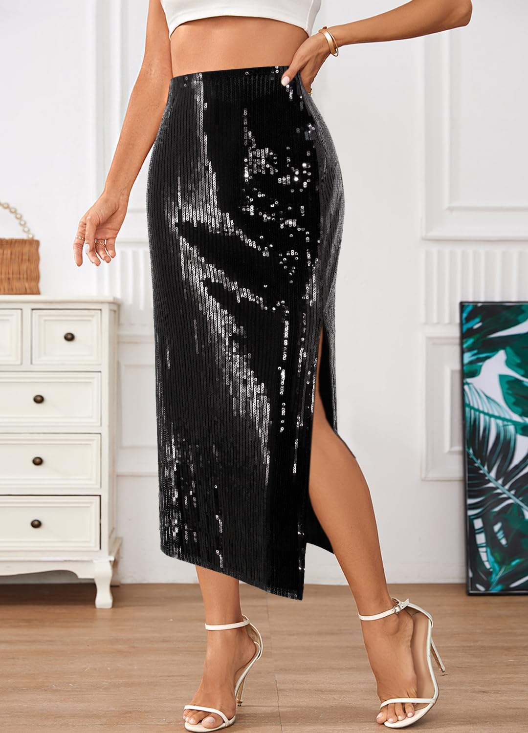 Segreto Women's Sequin Maxi Skirt High Waist Split Hem Sparkle Bodycon Midi Long Pencil Fishtail Skirts Party Cocktail - Image 5