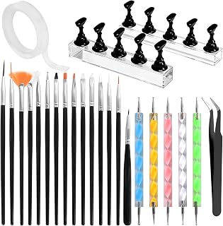 Nail Art Tools Kit with 15 Nail Art Brushes, 5 Dotting Tools, Nail Stand for Press-on, Nail Design Tools for Salon & DIY Home Manicure (Black)