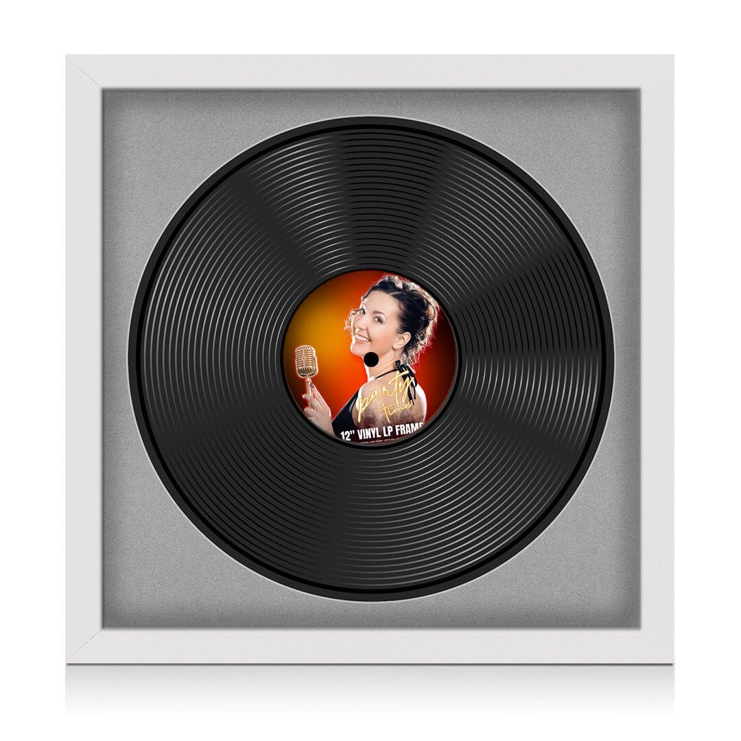 Procut Global 16x16" White Vinyl Record Frame for 12 Inch LP Disc- Round Modern Display Photo Frame for Vinyl CD Records - Engineered Wood with Shatterproof Perspex Front - Silver Mount