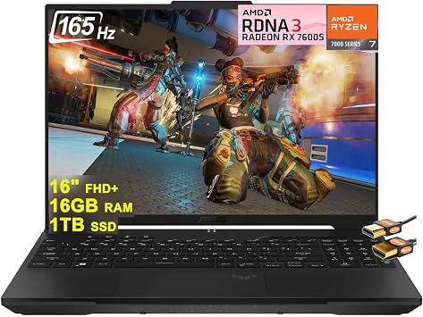 ASUS TUF Gaming A16 Laptop 16 FHD+ 165Hz 7ms 100% sRGB AMD Octa-core Ryzen 7 7735HS 16GB RAM 1TB SSD Radeon RX 7600S 8GB Graphic (>RTX 4060) Backlit Type-C USB4 Fast Charging Win11 + HDMI Cable