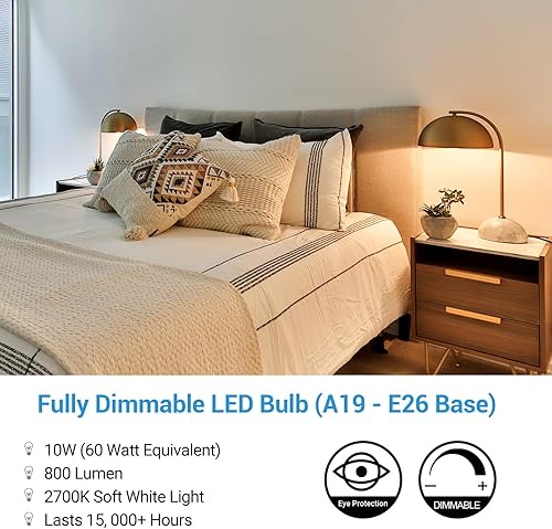 Miniatura 9 de DEWENWILS Paquete de 8 bombillas LED A19 regulables, luz blanca suave con brillo cálido, 800 lúmenes, 2700 K, 10 W (equivalente a 60 vatios), base