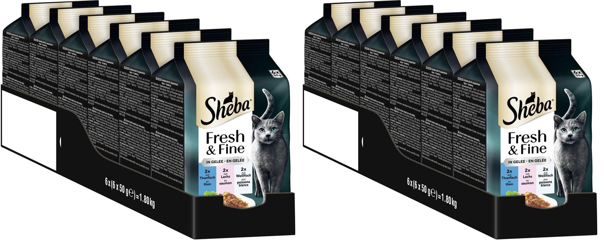 Sheba Portionsbeutel Katzennassfutter Multipack Fresh & Fine in Gelee mit Thunfisch und Lachs MSC, 6x6x50g - Gesunde Mahlzeiten für Katzen mit Gelee (Packung mit 2)