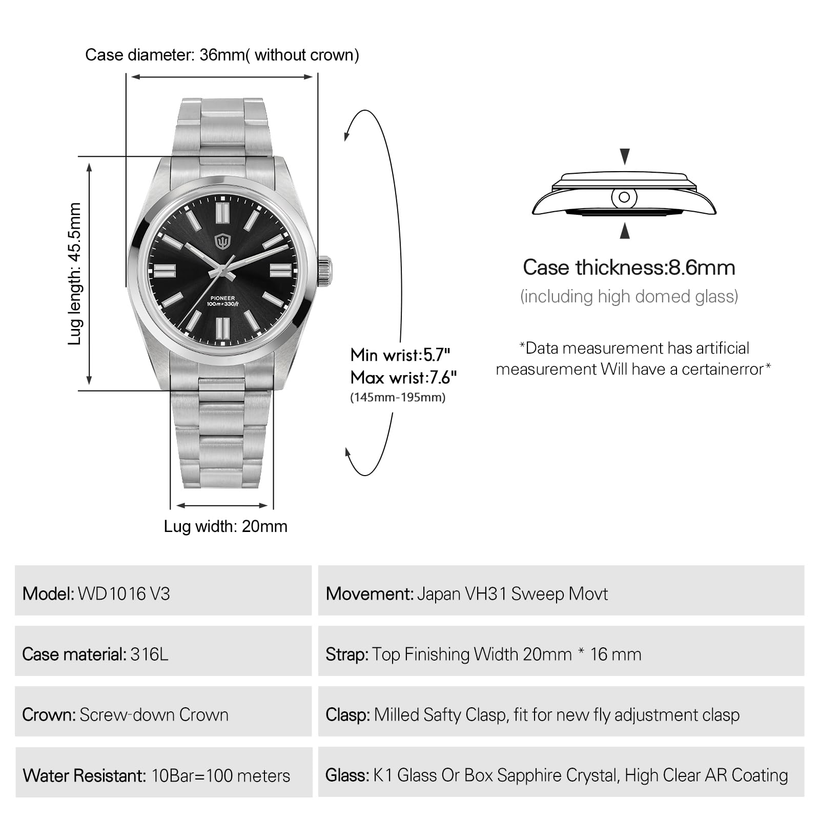 watchdives WD1016B-V3 - Reloj japonés VH31 de cuarzo para hombre, esfera de 37 mm, esfera de 10,9 mm, reloj de pulsera de acero inoxidable 316L, resistente al agua hasta 100 m
