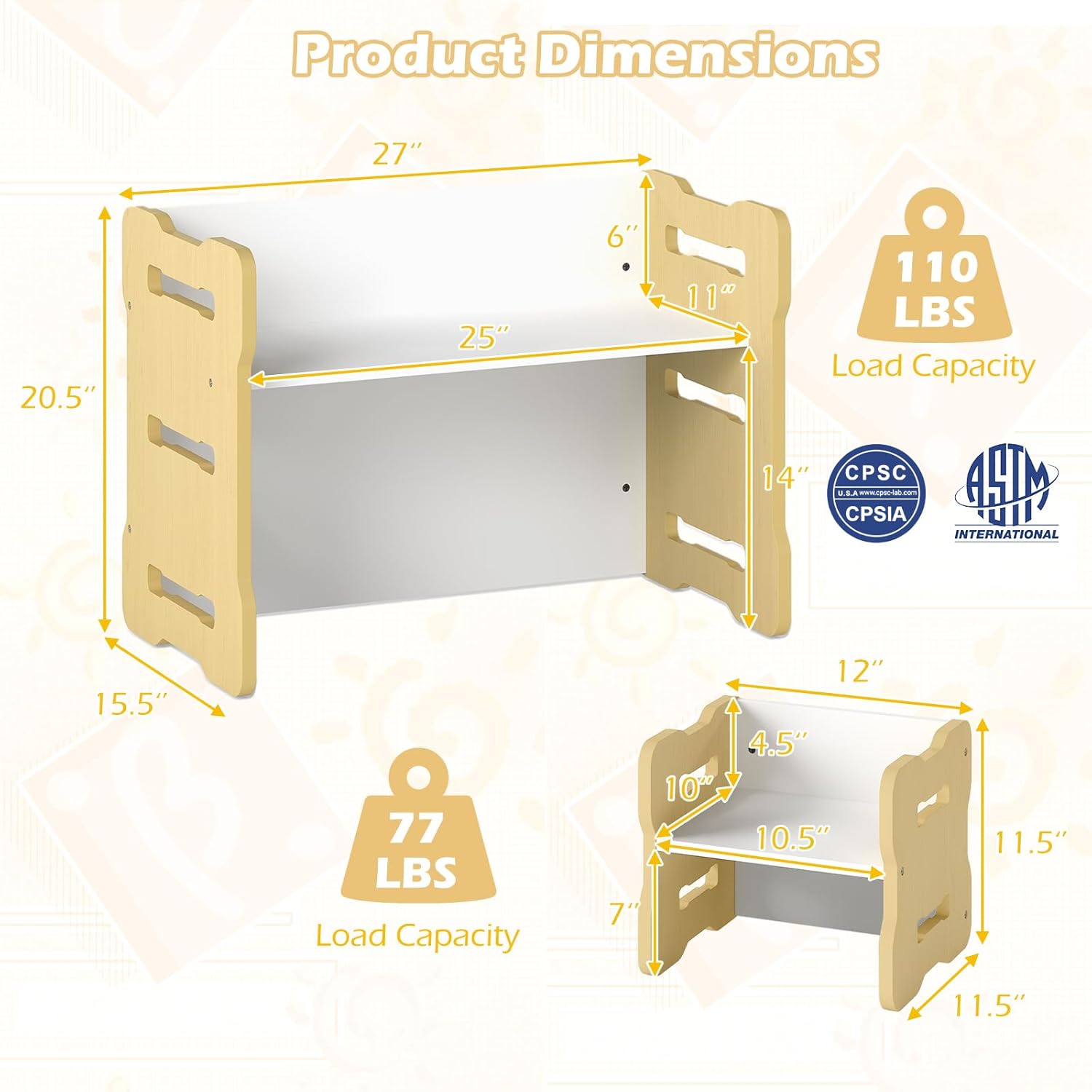 Costzon Kids Table and Chairs, All in One Wooden Activity Desk Set, Bench, Storage Shelves for Home, School and Kindergarten, 3 PCS Toddler Table and Chair Set (Natural)