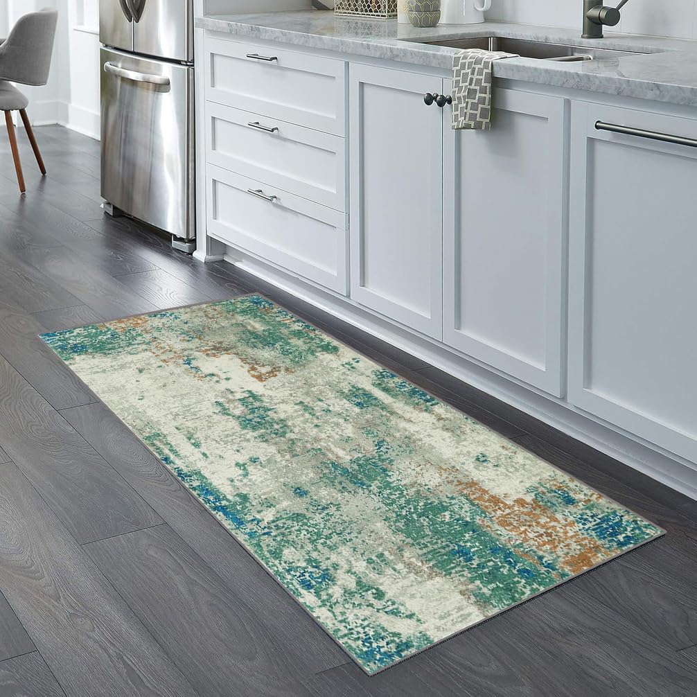Tappeto Passatoia Cucina Antiscivolo 4 Metro Tappeto Lungo per Corridoio Lavabile Tappeti Runner Ingresso Morbido con Motivo Astratto Verde, grigio80x400cm