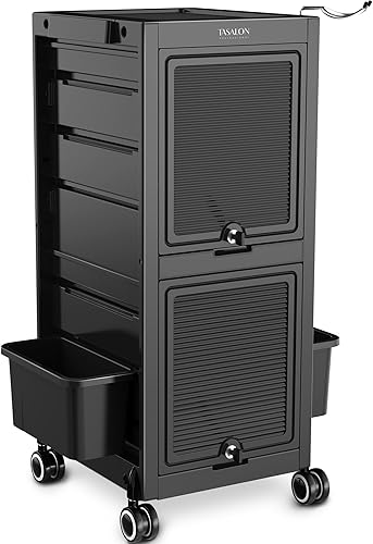 TASALON Carrito de salón con cerradura de alta calidad con ruedas y 6 cajones y 2 cubos, carrito versátil para peluquería, tatuaje, peluquero