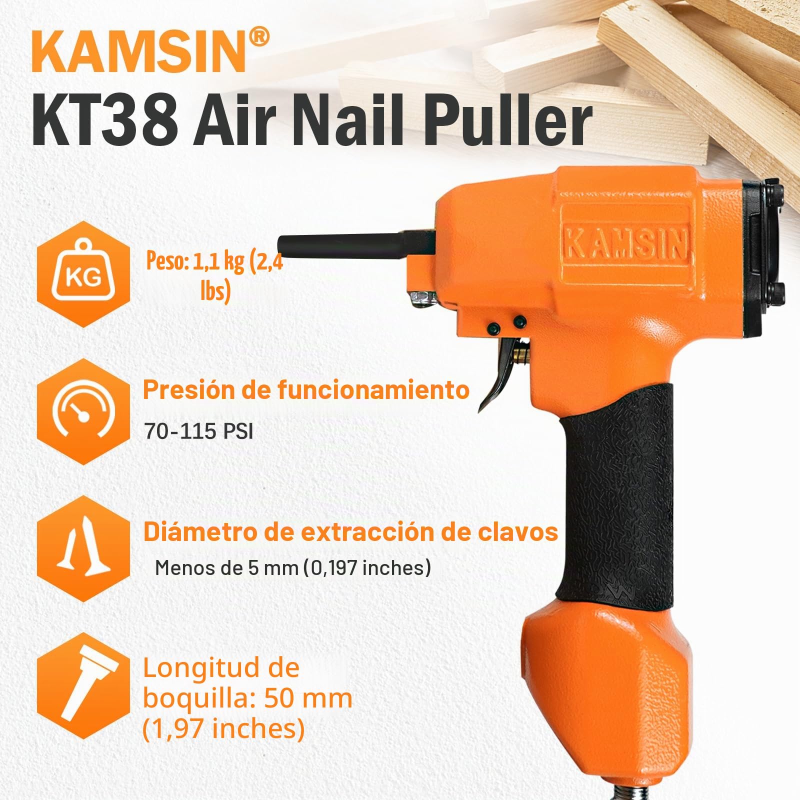 Kamsin KT38 Pistola Neumática para Extracción de Clavos, Clavadora Neumática de Impacto de Servicio Pesado, Pistola Removedora de Clavos para Desclavado y Reciclaje de Maderas