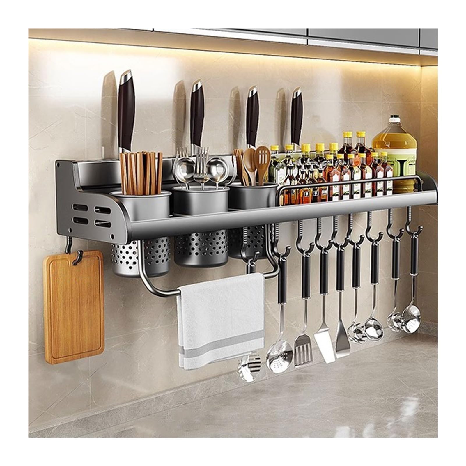 GLJTUO Wall-Mounted Spice Rack, No Drill, Adjustable Hooks, Kitchen Utensil Holder & Knife Storage for an nized Cooking Space - Perfect for Home Chefs! (70cm),70cm-3 cups-10 hooks