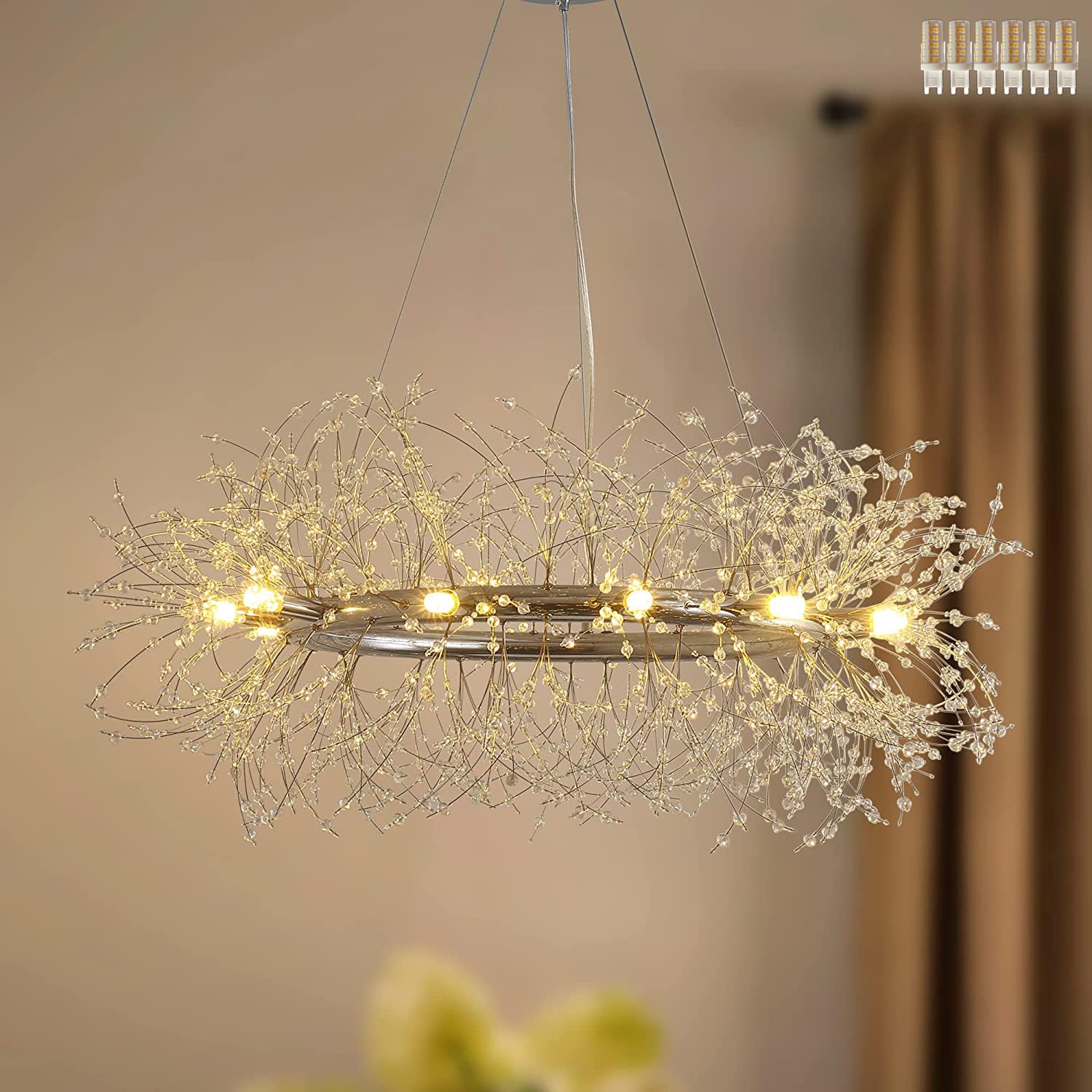 KXEcoLife Silver Dandelion Fireworks 8-Light Modern Crystal Chandelier - Elegant Lighting Fixture for Dining Room Bedroom Living Kitchen Aisle Hallway Decor