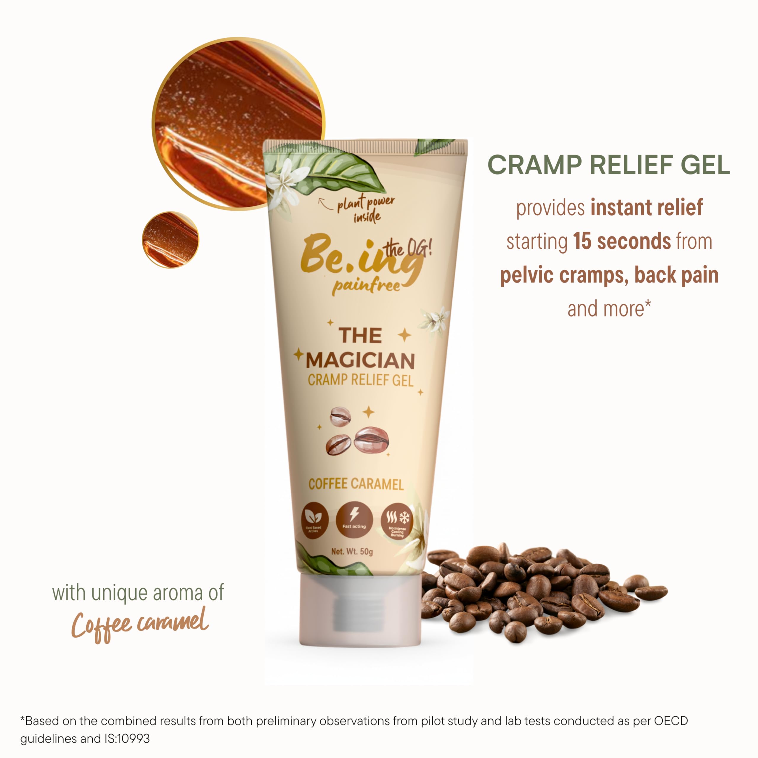 Be.ing painfree THE MAGICIAN Cramp Relief Gel -50gm| Starting 15 Seconds| 100% Plant Actives| 100% Safe| Zero Irritation| No Burns| For Cramps, Back, Legs and All Muscular Pains| Coffee Caramel 2