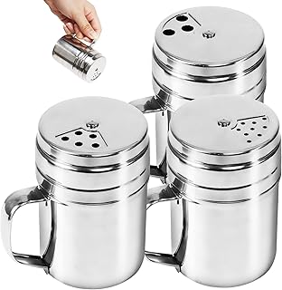 3Pcs Seasoning Bottle with Handle Stainless Steel Dredge Shaker Rub Spice with Holes Powdered Sugar Shaker with Lid Shaker Cooking Rotatable Cover for Spice Salt Shaker Dispenser