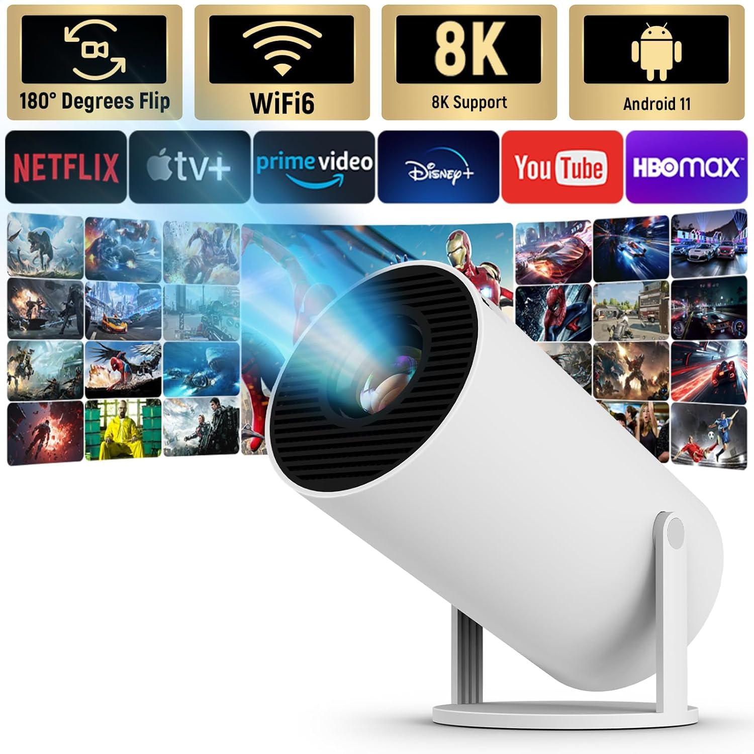 Mini Portable Projector with Android 11, Auto Keystone, 4K, WiFi 2.4G/5G, BT 5.4, 130 Inch Screen, 180° Rotate, Home Theater, HDMI/USB