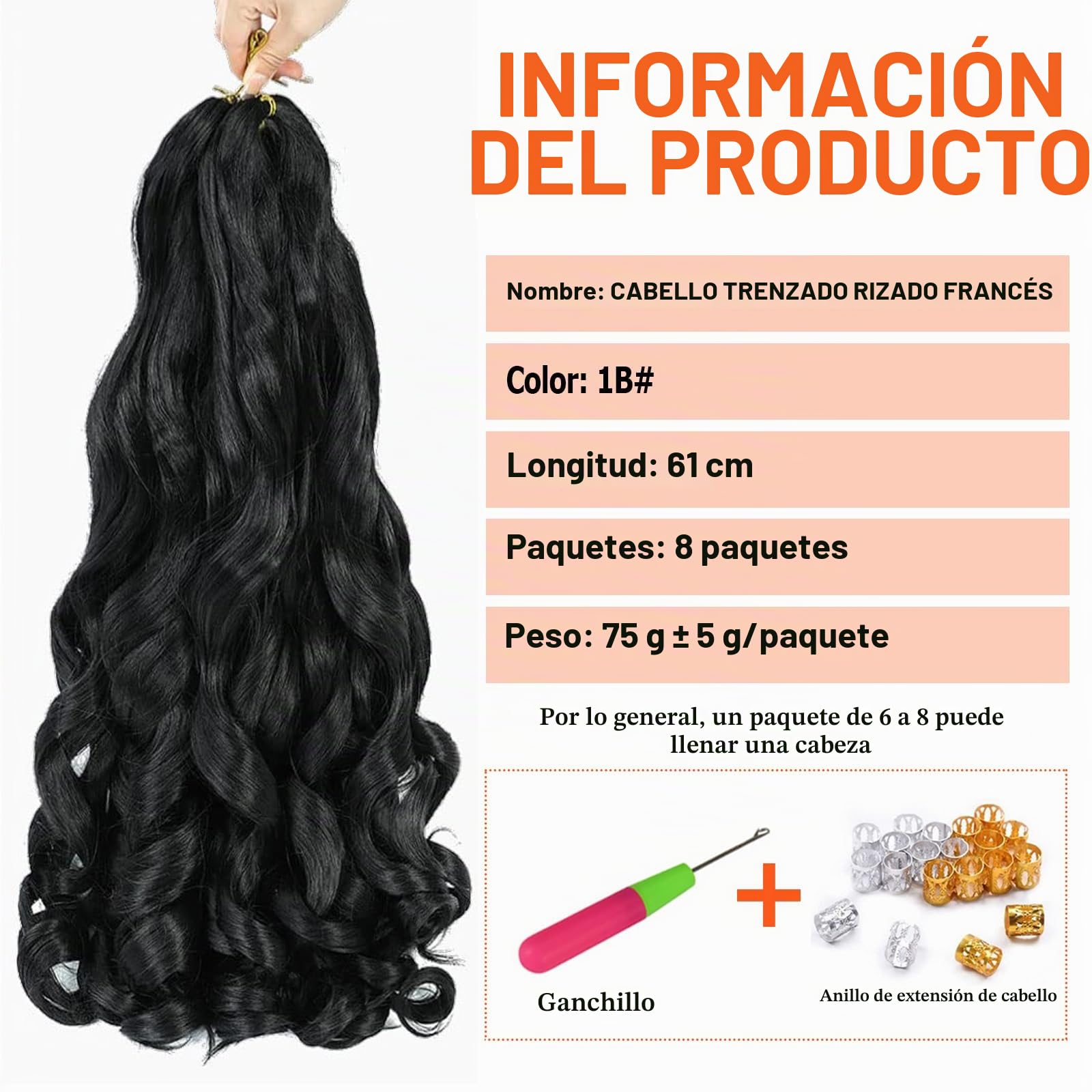 French Curl Braiding Hair, 24 Inch 8 Pack Soft Curly Braiding Hair Extensions, Pre Stretched Bouncy Braiding Hair Loose Wave Braiding Hair for Women (1B#)