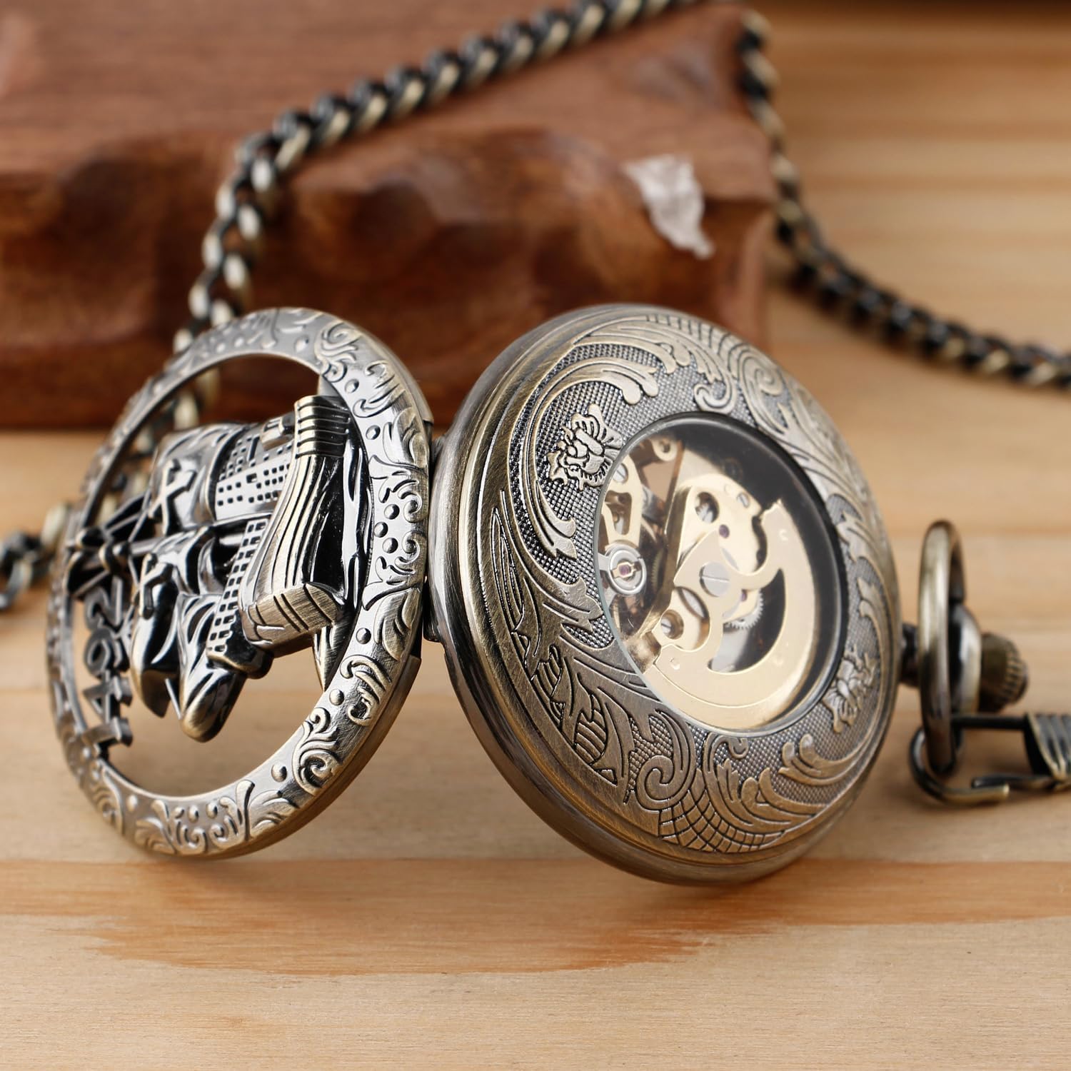 Tiong Bronze Transparent Cover Pattern Design Mechanical Pocket Watch, Men's Mechanical Movement Arabic Numeral Dial Single Opening Pocket Watch