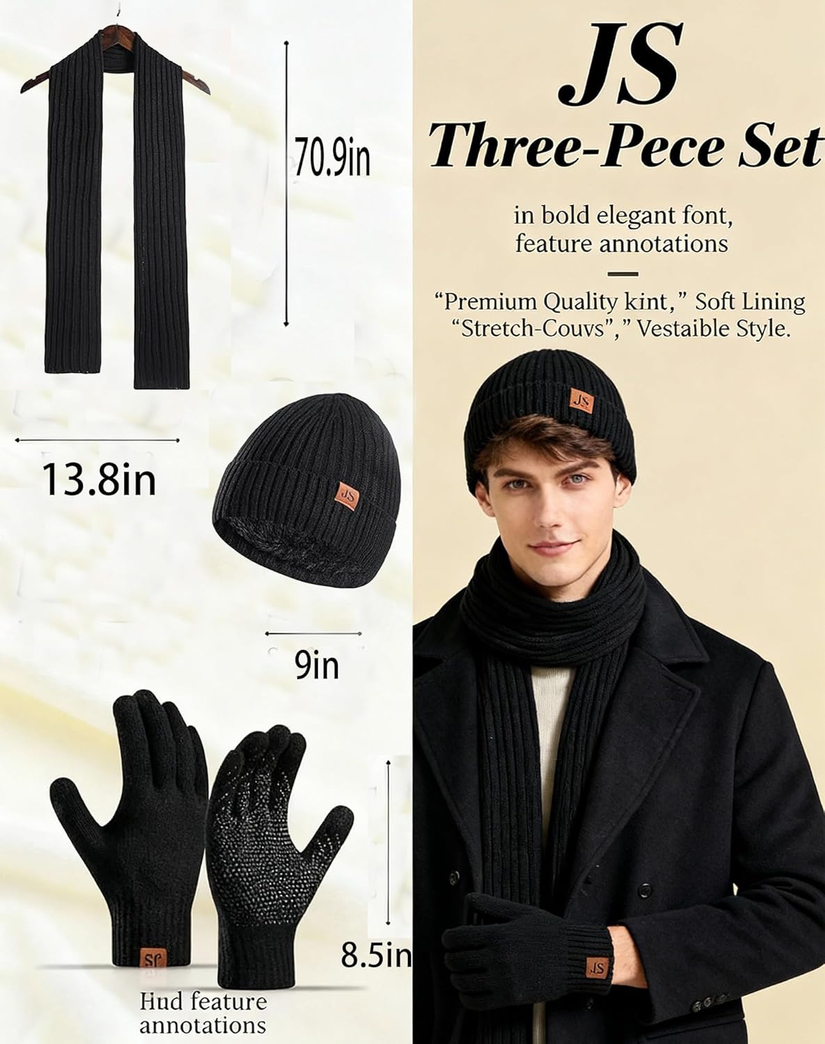 Winter Hats Scarf Set for Men Touchscreen Gloves Warm Knit Beanie Hat Scarves with Fleece Lined Cap - Image 4