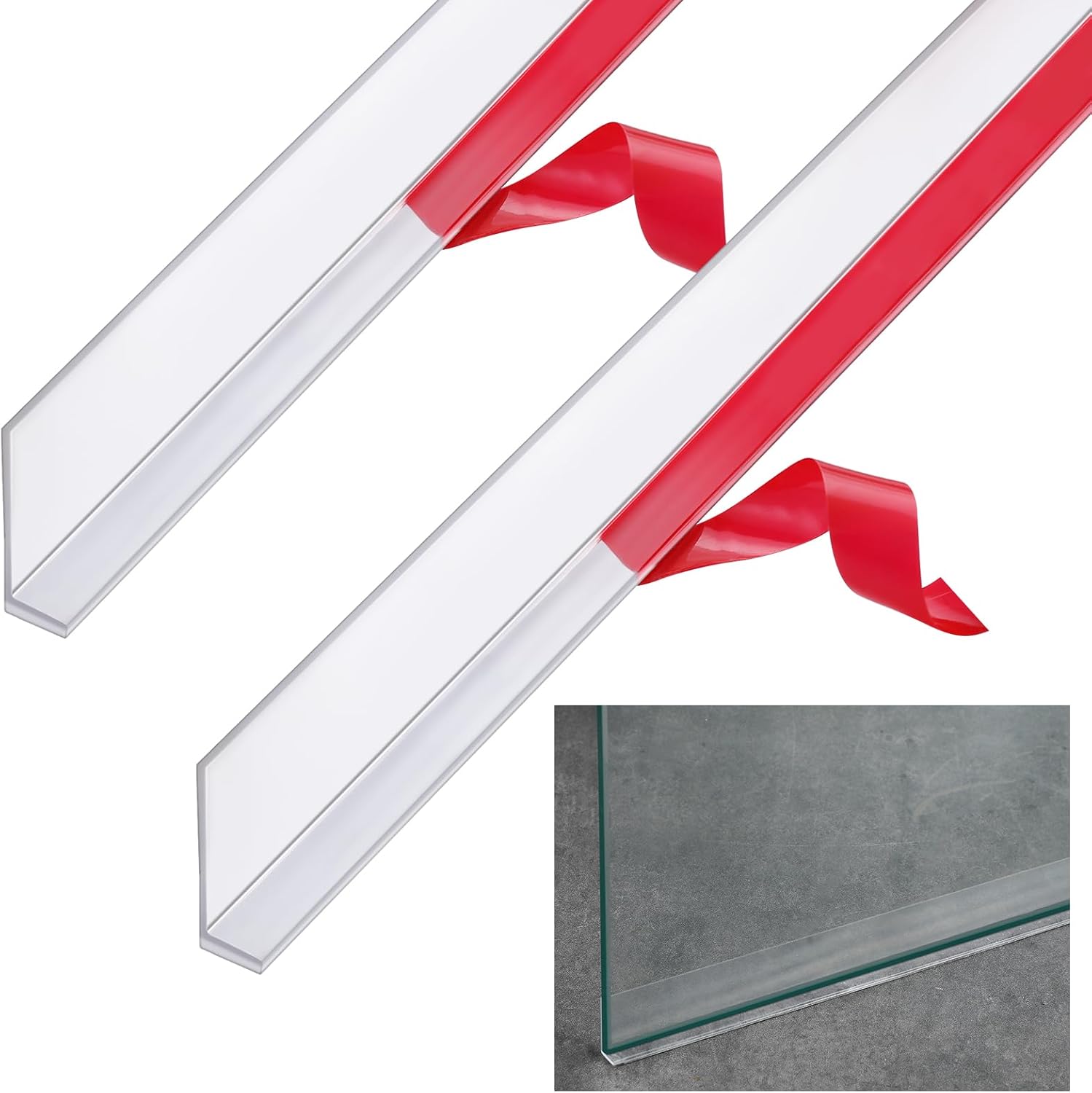 Newtay 2 Pcs Long Clear Vinyl L-Type Seal Strip with Pre-Applied Self Adhesive Shower Threshold Water Dam Barrier Bathroom Glass Door Seal Strip for Gap Frameless Shower Door
