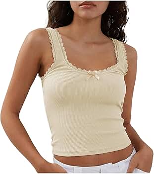 Women's Tank Tops Cute Slim Fitted Ribbed Knit Bow Lace