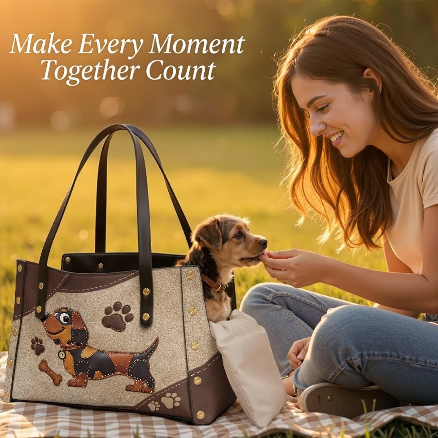 COEQINE Dog Bag Carrier for Small Dogs Sling Purses for Women Leather Dachshund Dog Paw Brown Puppy Carrier Sling 15 Ibs Luxury Womens Tote Bag Purse Waterproof,15x9x6 in