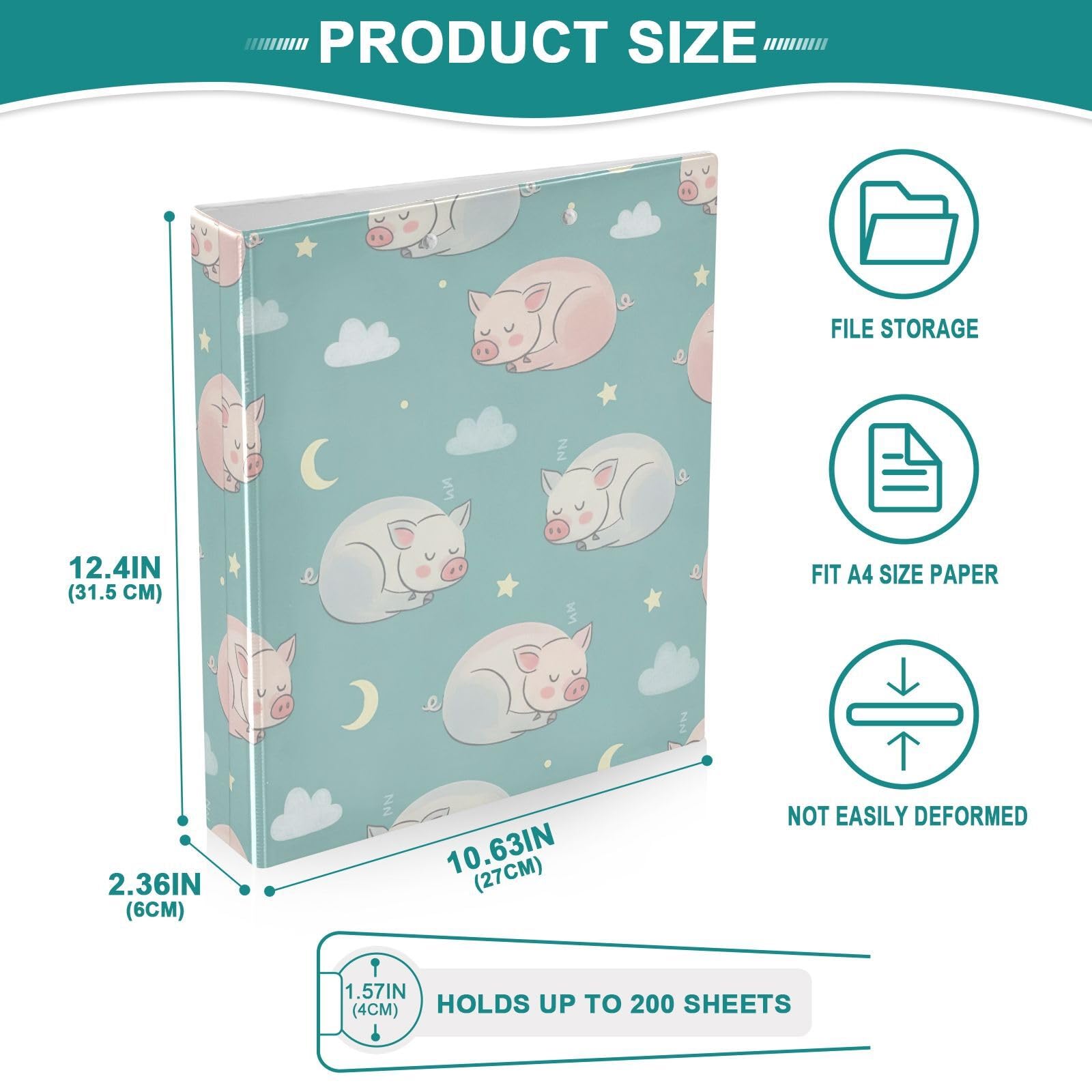Lot de 2 classeurs à 3 anneaux en D flexibles de 3,8 cm Motif cochons Bleu sarcelle pastel