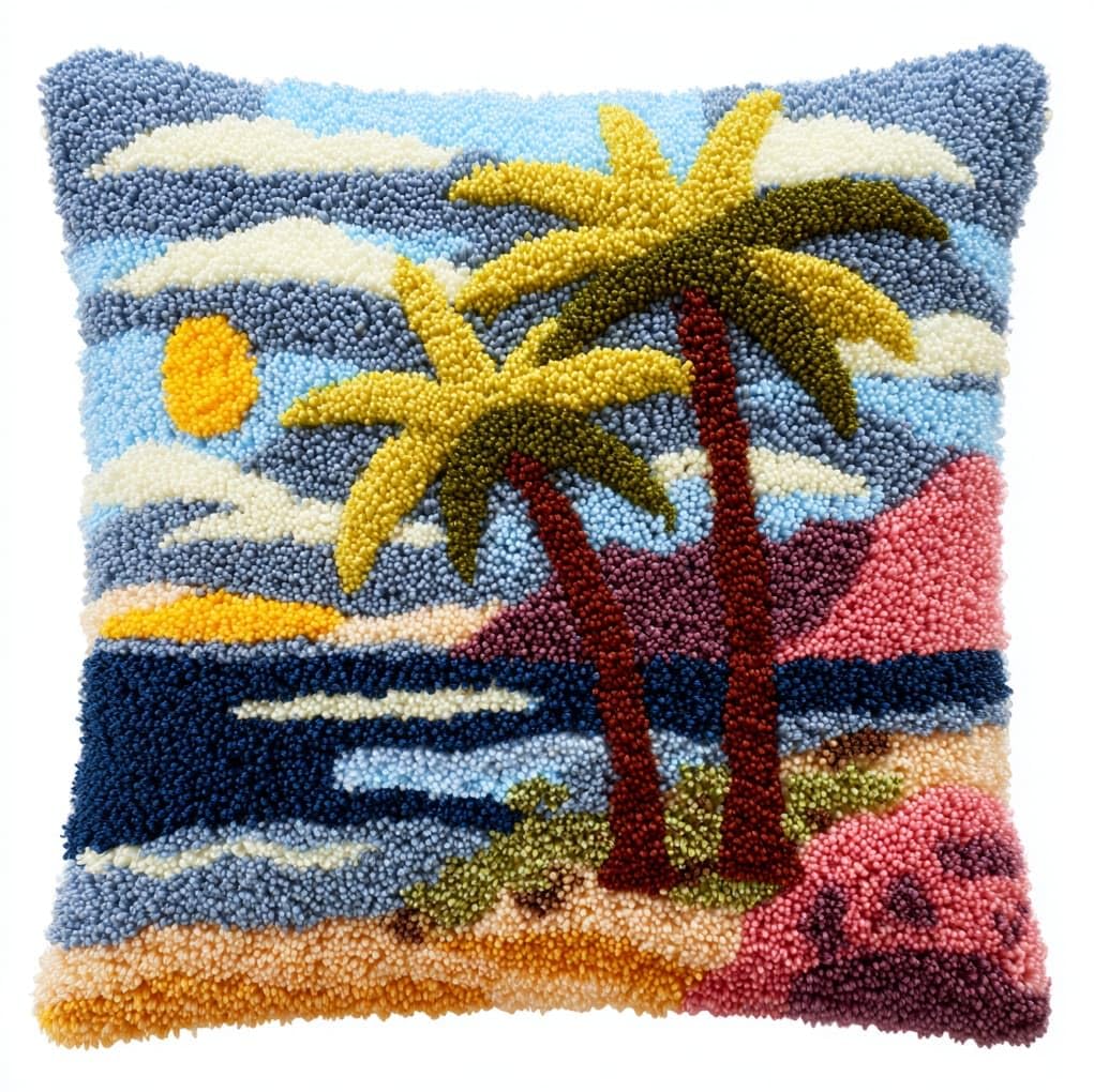WallustrioaW Latch Hook Kits Pillow for Adults,Coconut Trees by the sea,Latch Hook Kit Cushion,Embroidery DIY Needlework Pillow Cover,17x17in