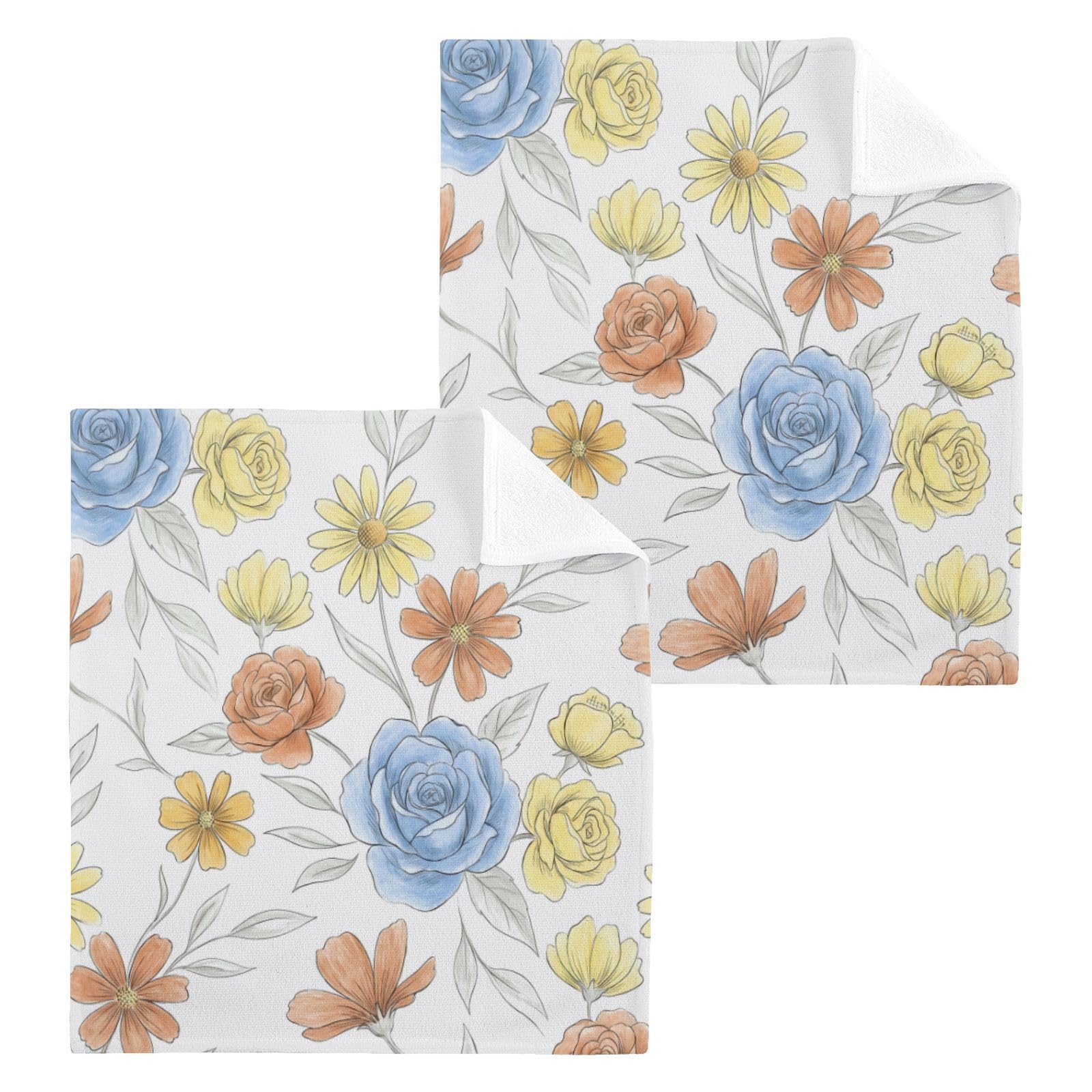 BOESI Sketch Floral Pattern 12x12in Cotton Washcloth,Face Towel