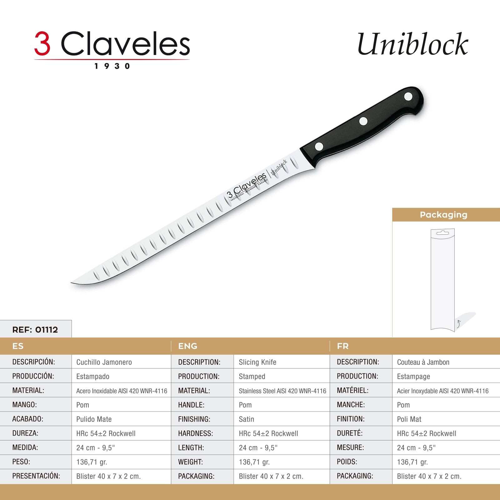 Uniblock Couteau à Jambon alvéolé 24 cm