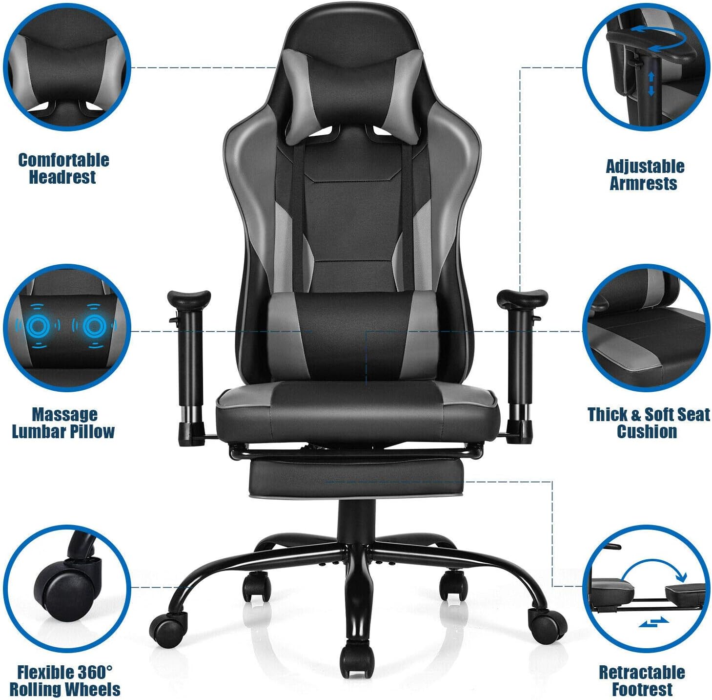 ARLIME Massage Gaming Chair, Adjustable Racing Computer Task Chair Recliner, 360 Degree Rotation Free Sliding Office Chair w/Retractable Footrest (Black)