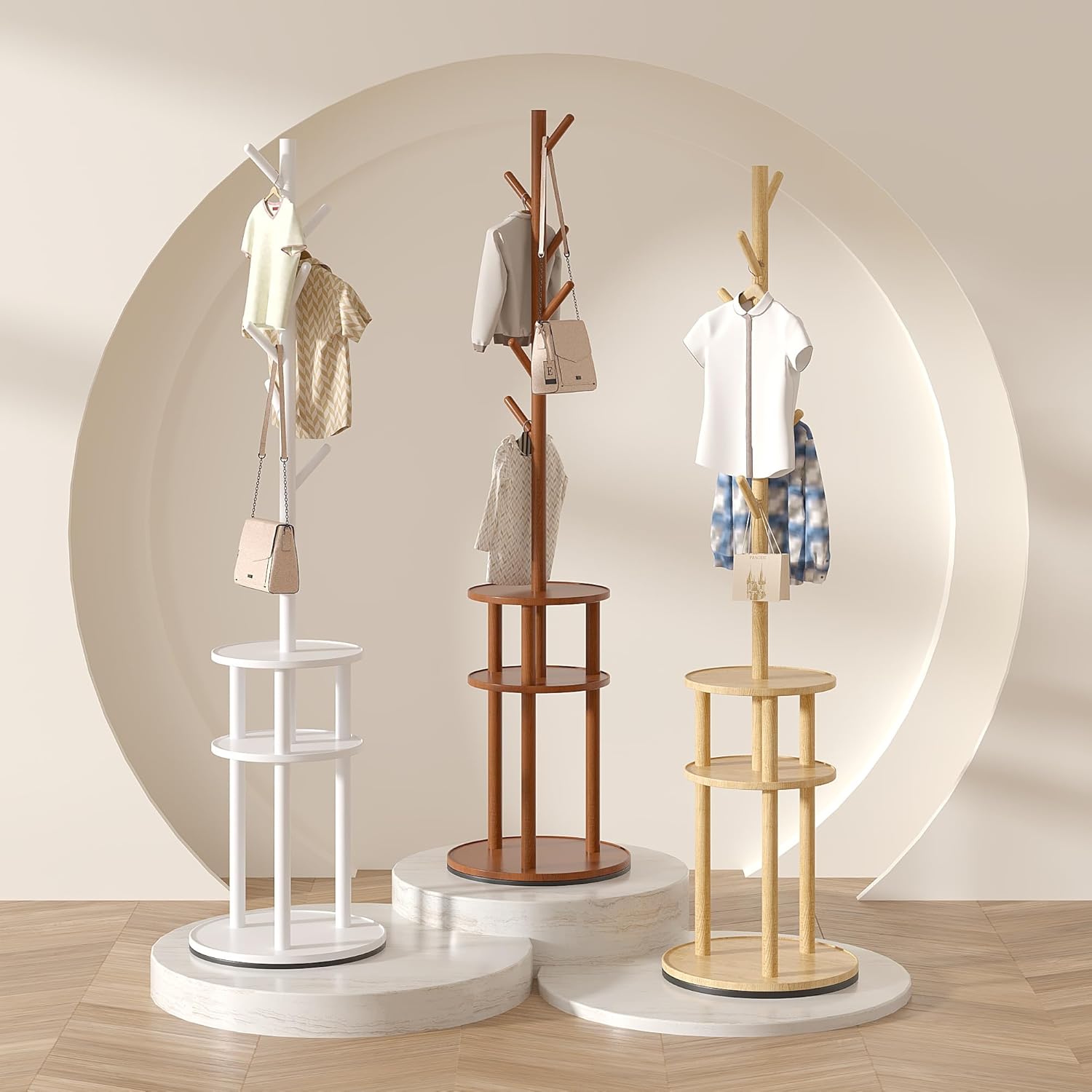 VECELO Coat Rack Freestanding, Entryway Hanger Stand, Umbrella Holder, Hall Tree With Hooks, Floor Standing Metal Tree Stand,Walnut