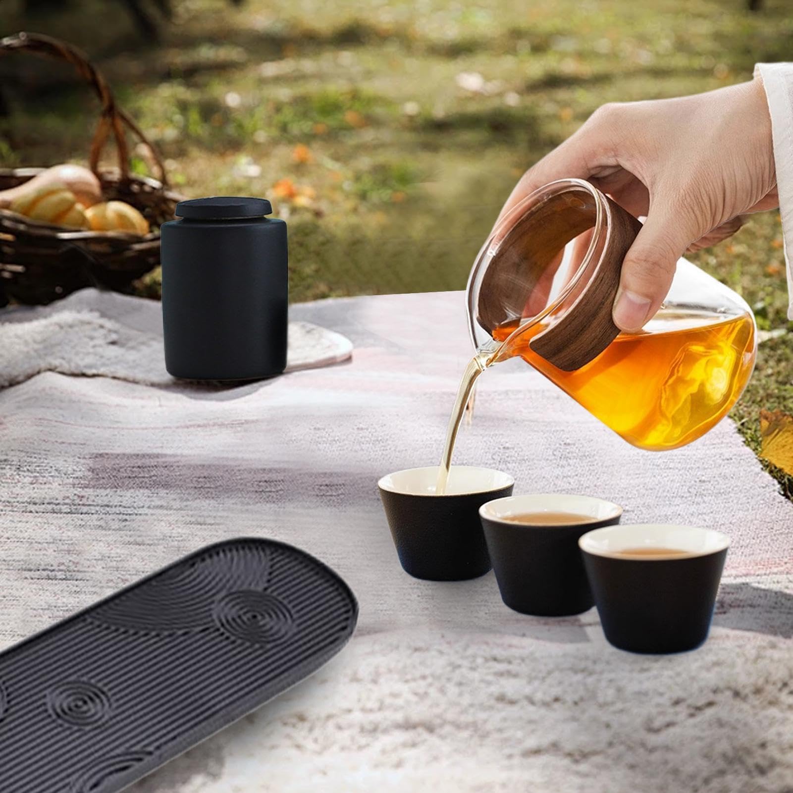 Juego de Té de Viaje con de - Juego de Té Resistente al Calor, Juego de Té | Compacto Portátil Con, Colador De Té, Bandeja De Té, 3 Tazas Y Bolsa De Almacenamiento Para Acampar