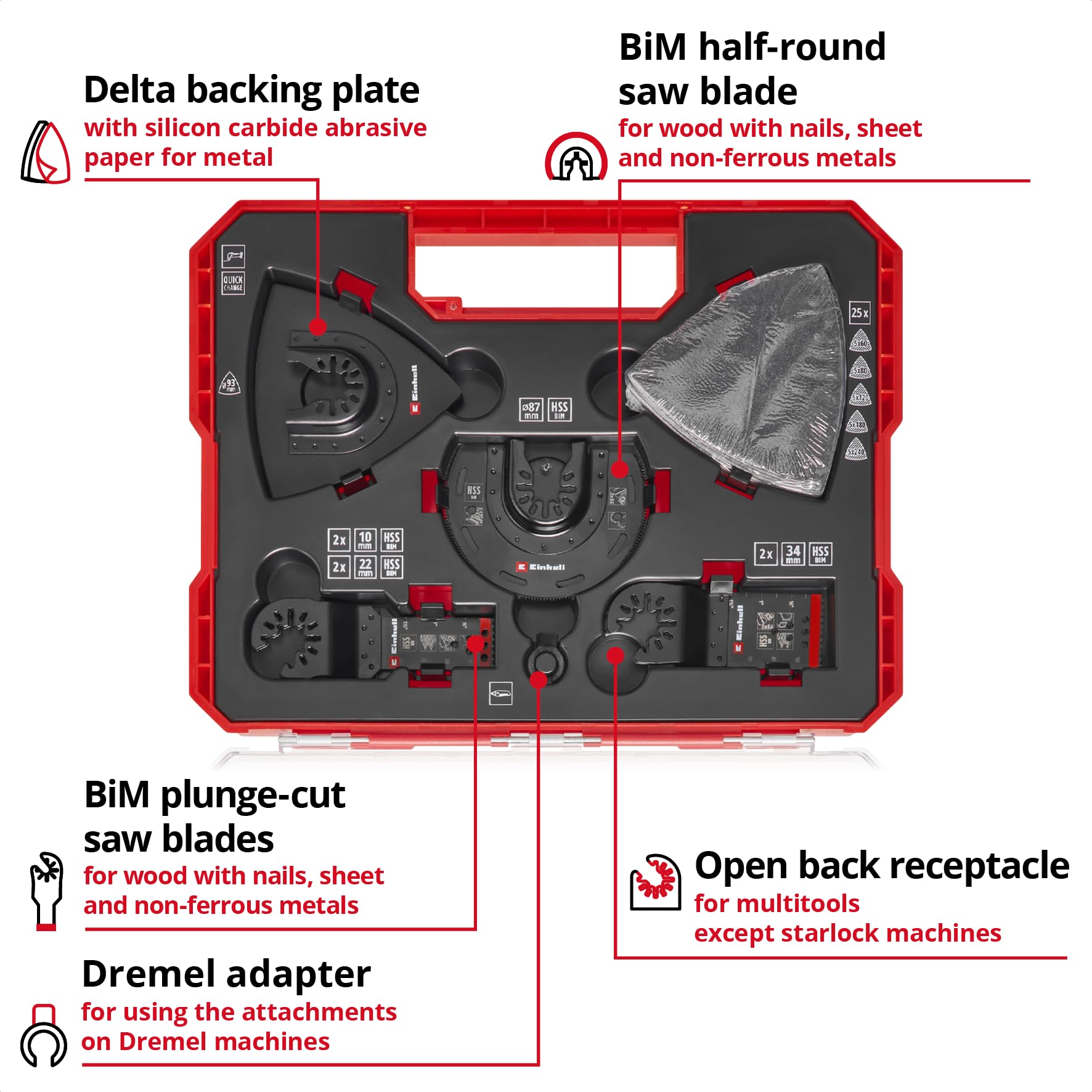 Original Einhell XL-PLUS-CASE 35-Piece Mechanics Multi-Tool Set (Bimetal Plunge-Cut Saw Blades, Bimetal Half-Round Saw Blade, Delta Backing Plate, Sandpaper for Metal, Dremel Adapter) - Image 3