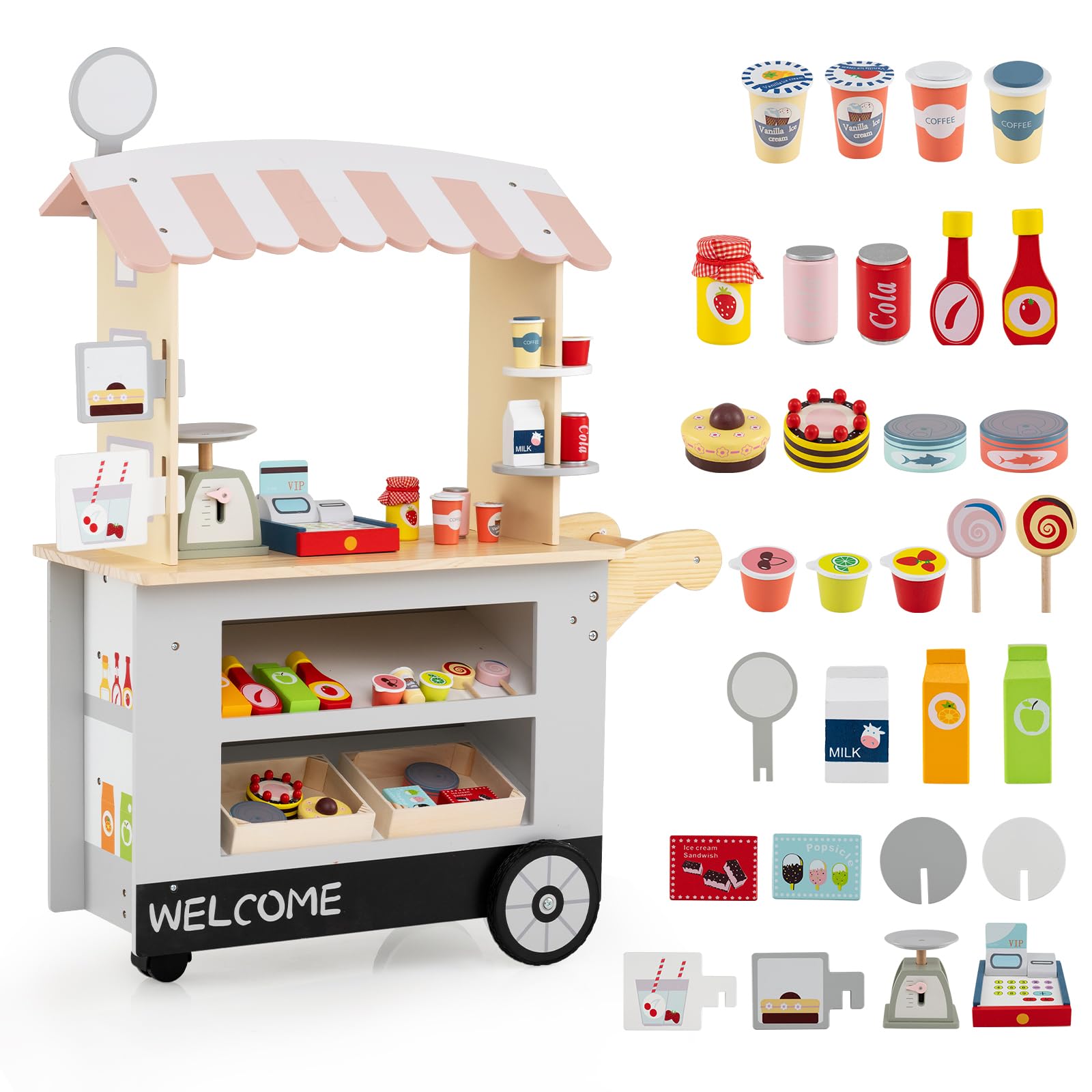 GOPLUS Carrito de Aperitivos para Niños con 30 Accesorios, Comerciante de Madera con Toldo, Carrito de Supermercado con Caja Registradora, Juego de Imitación Educativo para Niños de 3+ Años (Gris)